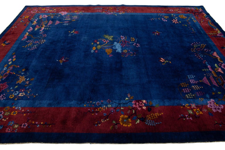 20th Century Antique Art Deco Handmade Blue Chinese Wool Rug Floral ...