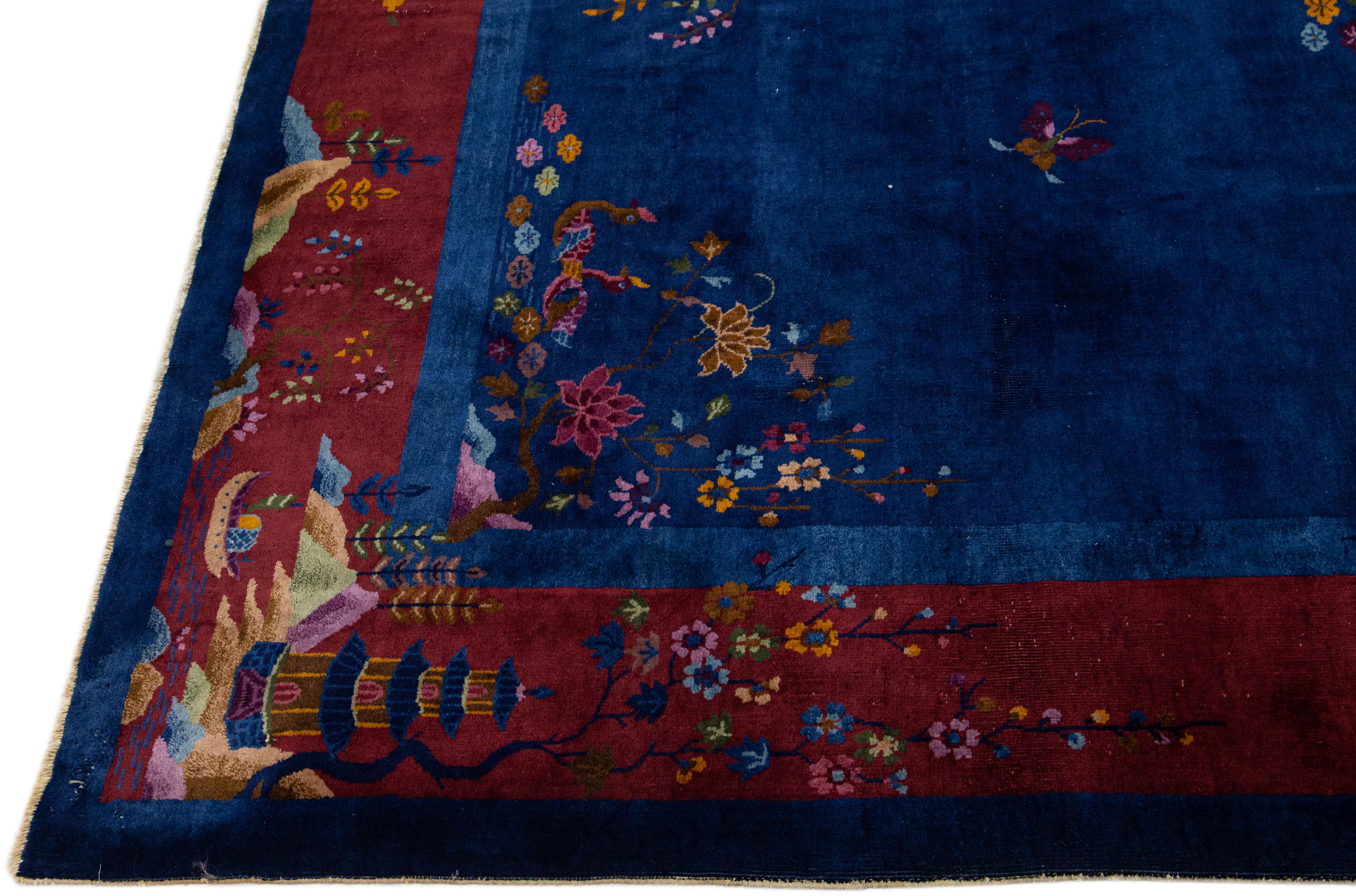 20th Century Antique Art Deco Handmade Blue Chinese Wool Rug Floral Design For Sale 1