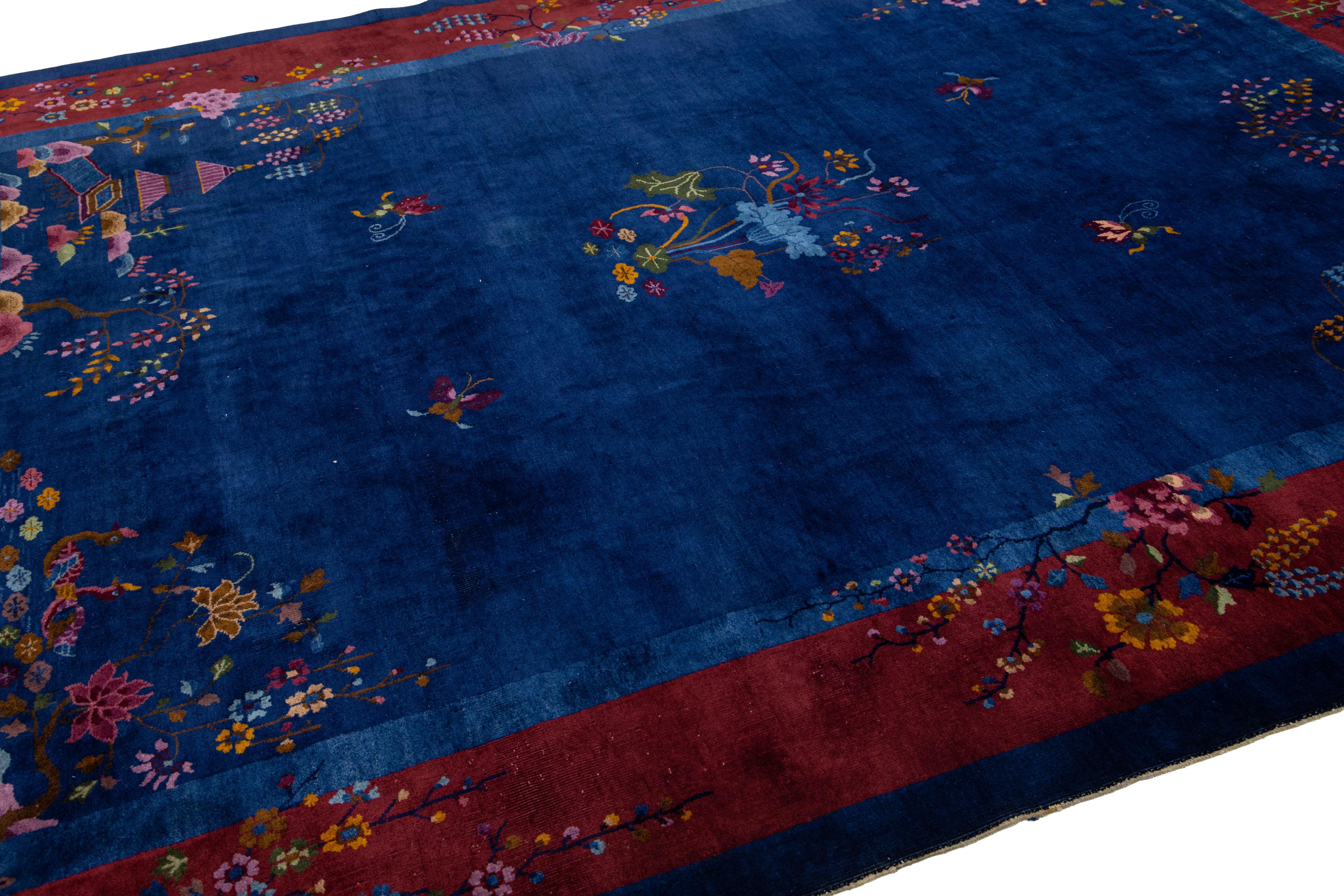 20th Century Antique Art Deco Handmade Blue Chinese Wool Rug Floral Design For Sale 2