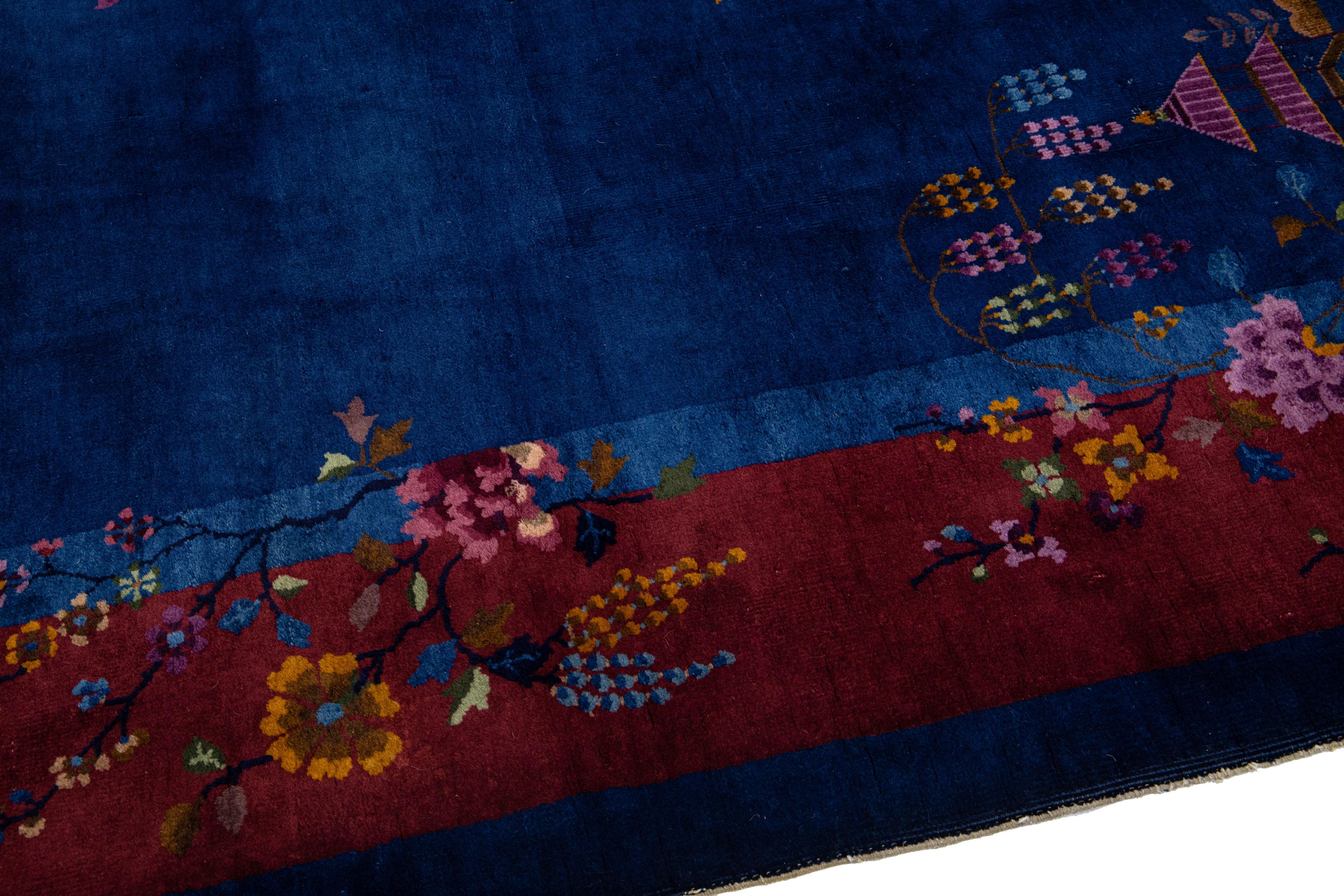 20th Century Antique Art Deco Handmade Blue Chinese Wool Rug Floral Design For Sale 3