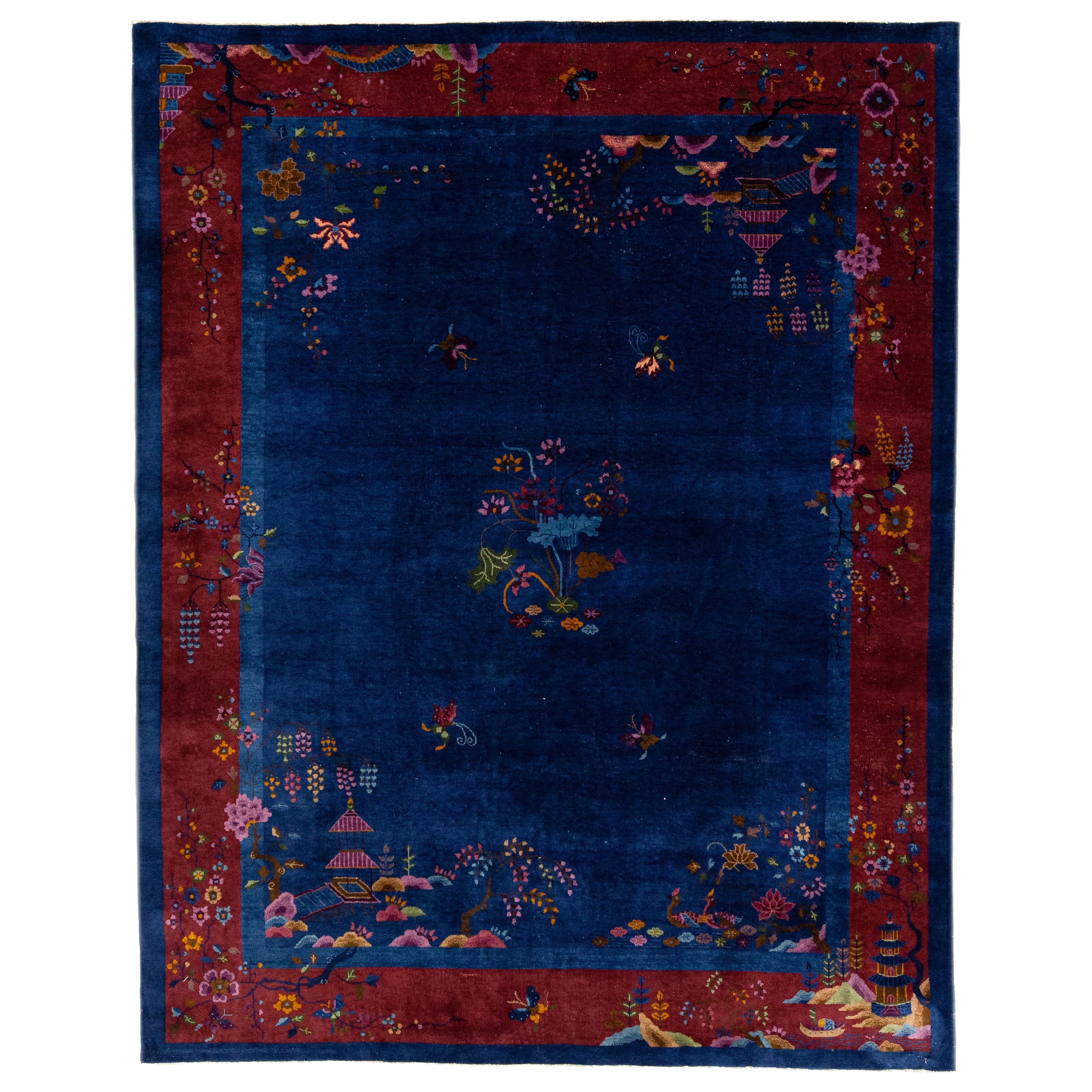 Tapis Art Déco ancien du 20ème siècle en laine bleue chinoise à motifs floraux faits à la main