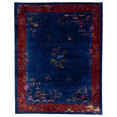 Tapis Art Déco ancien du 20ème siècle en laine bleue chinoise à motifs floraux faits à la main