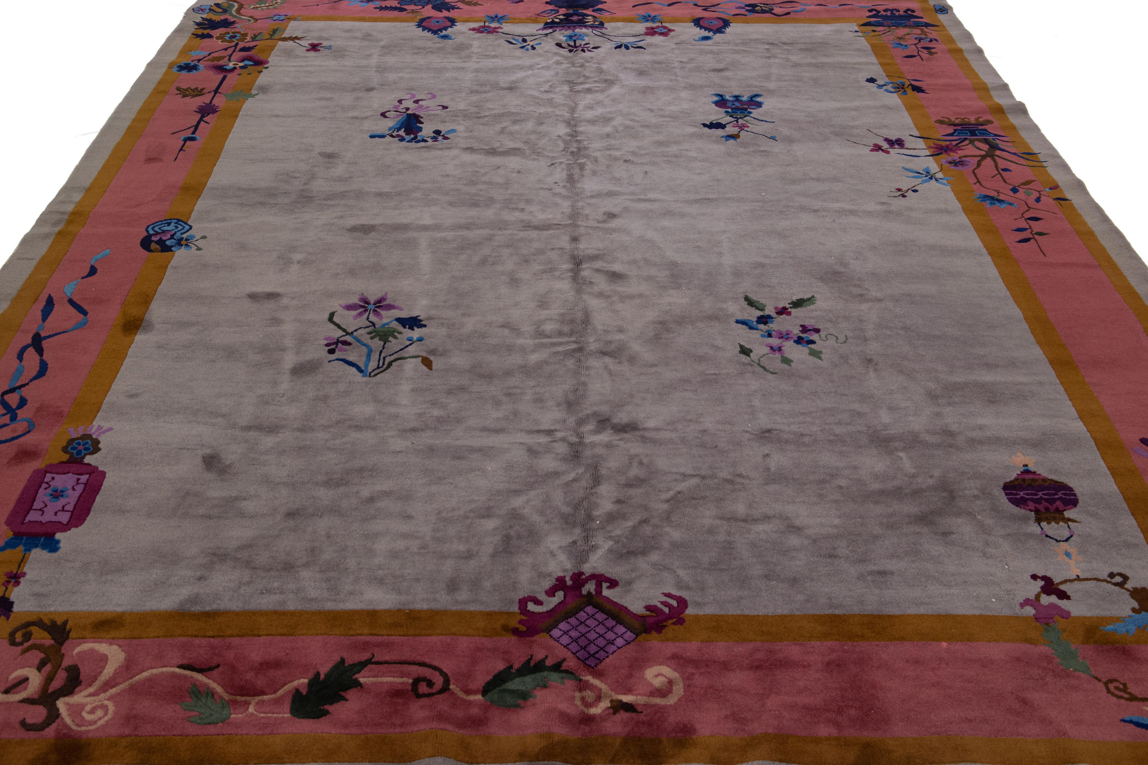Hand-Knotted 20th Century Antique Art Deco Handmade Gray Chinese Wool Rug With Floral Design For Sale