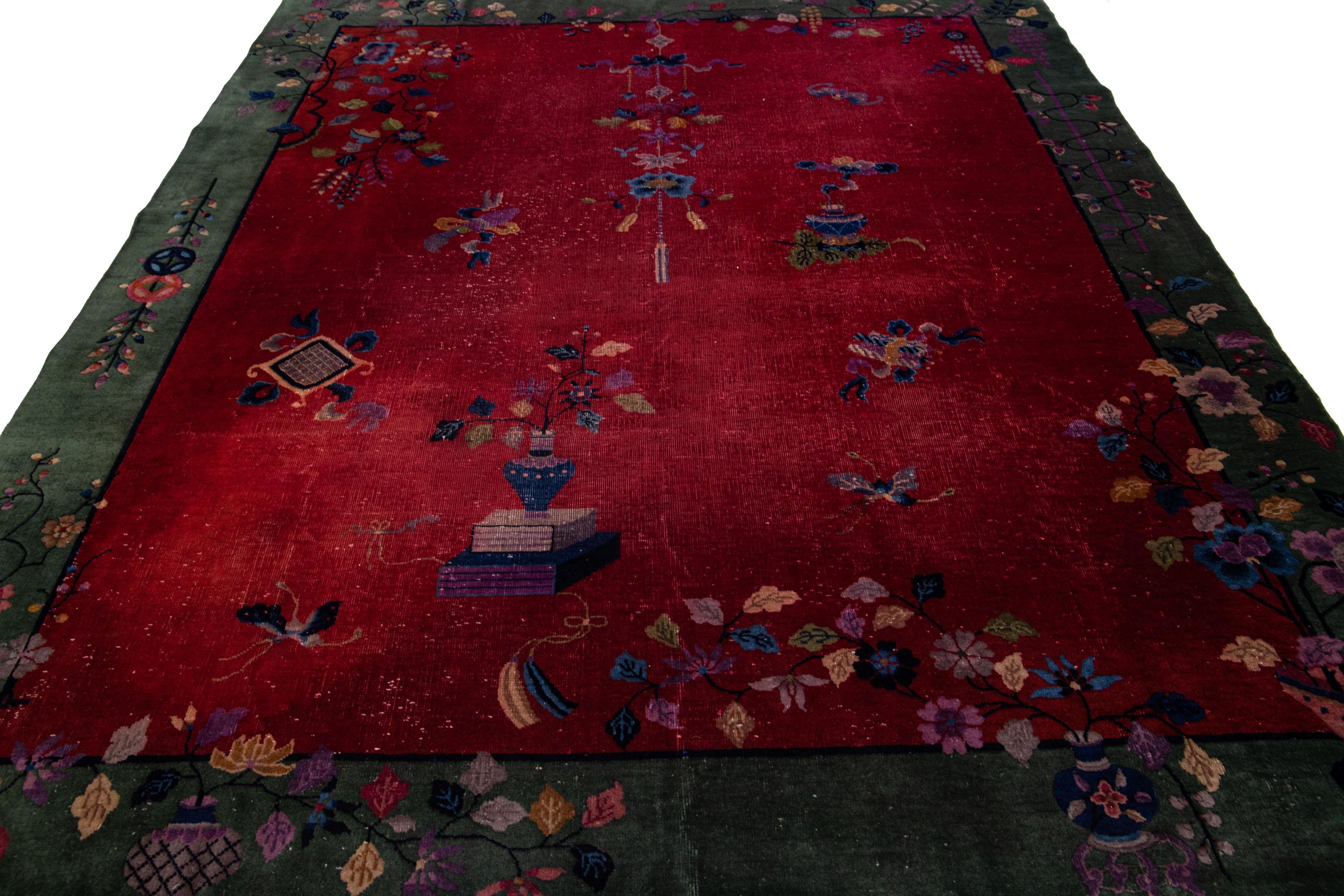 Hand-Knotted 20th Century Antique Art Deco Red & Green Handmade Chinese Wool Rug For Sale