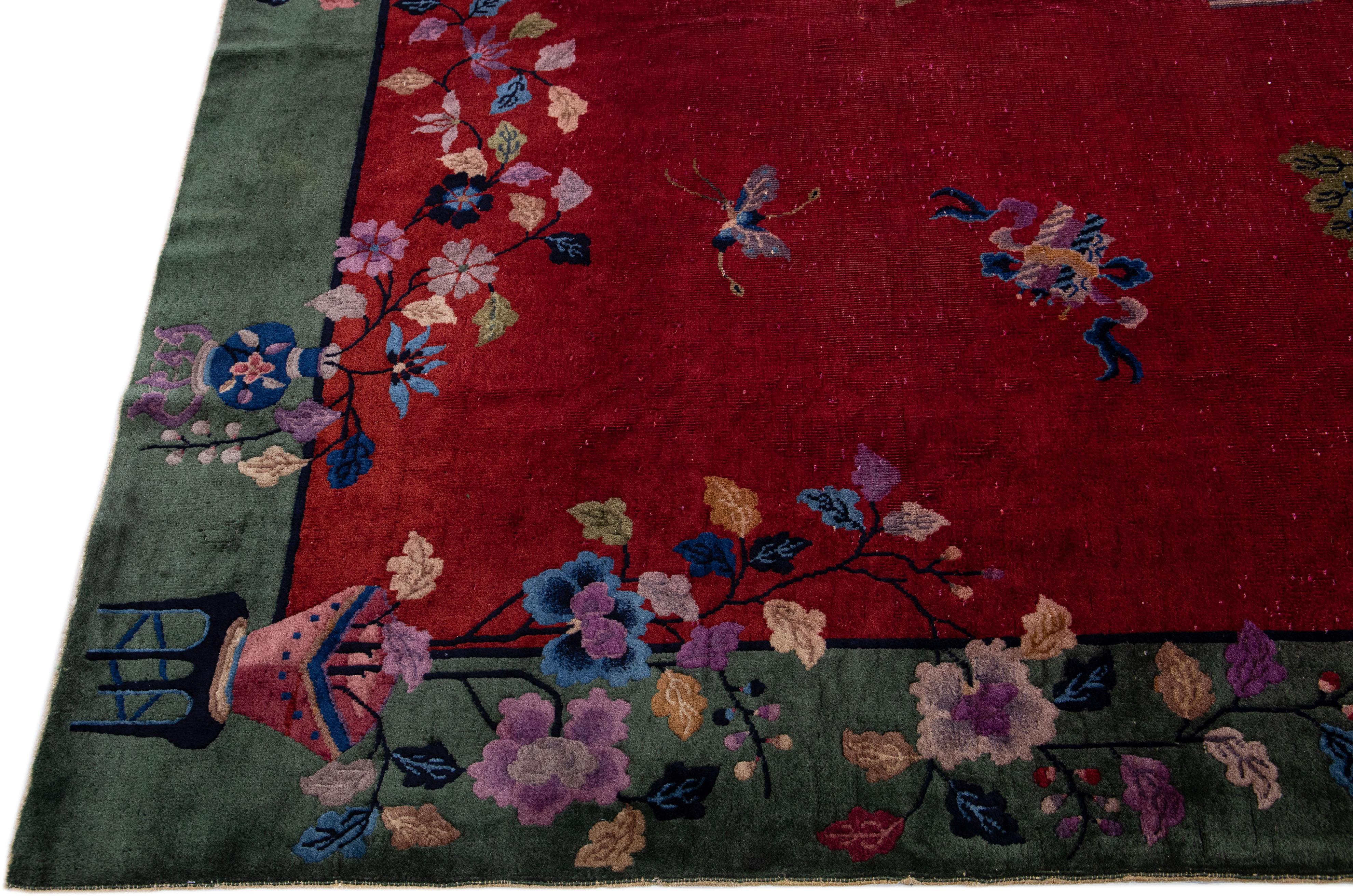20th Century Antique Art Deco Red & Green Handmade Chinese Wool Rug For Sale 1