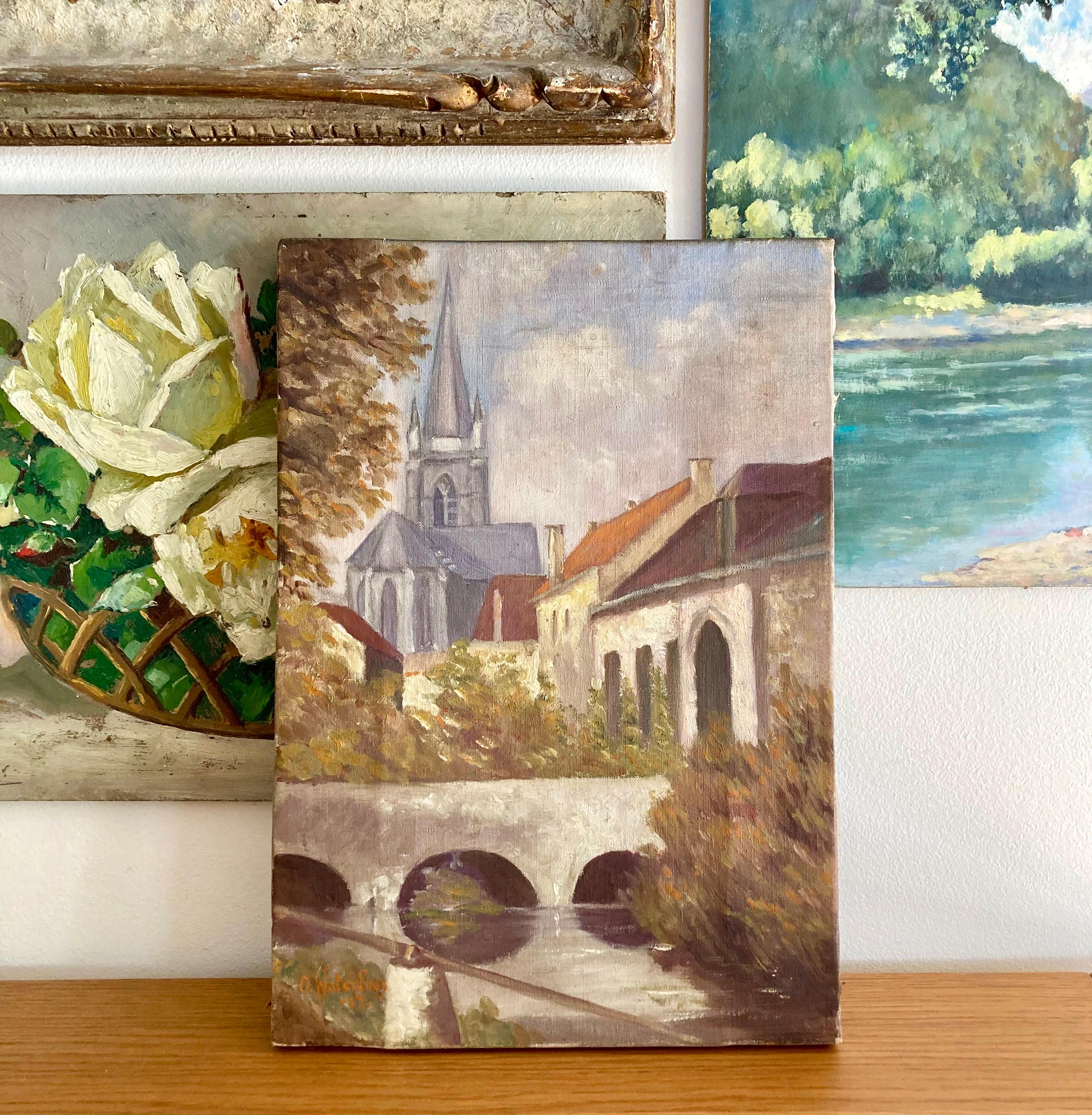 An authentic, antique, Belgian oil painting on stretched canvas. It is signed by the artist, O. Waterloos, and dated 1917 in the lower left corner (see photo). It depicts a lovely, old European town, possibly the town of Bruges in Belgium, with a