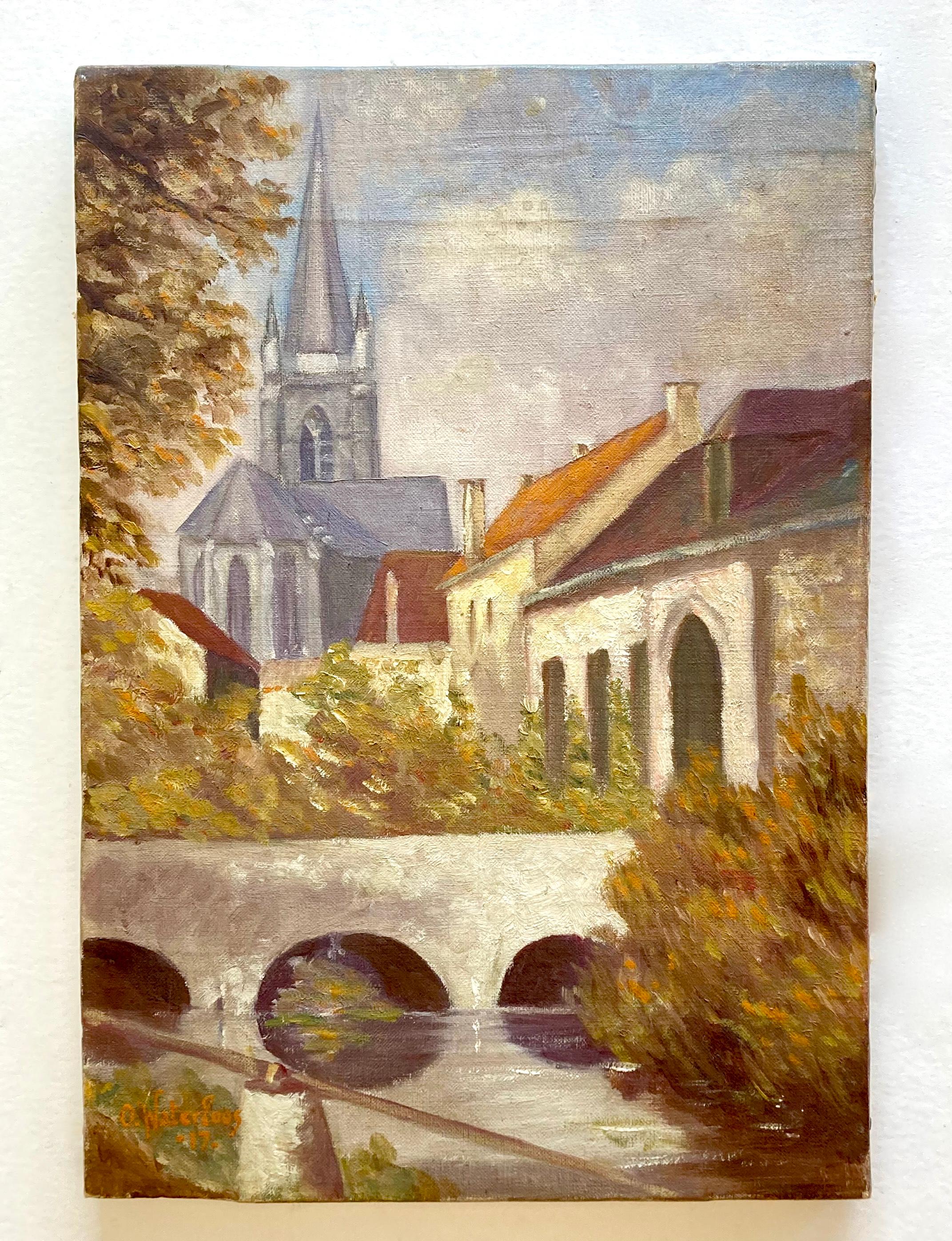 Modern 20th Century Antique Belgian Original Oil Painting Signed by O. Waterloos 1917 For Sale