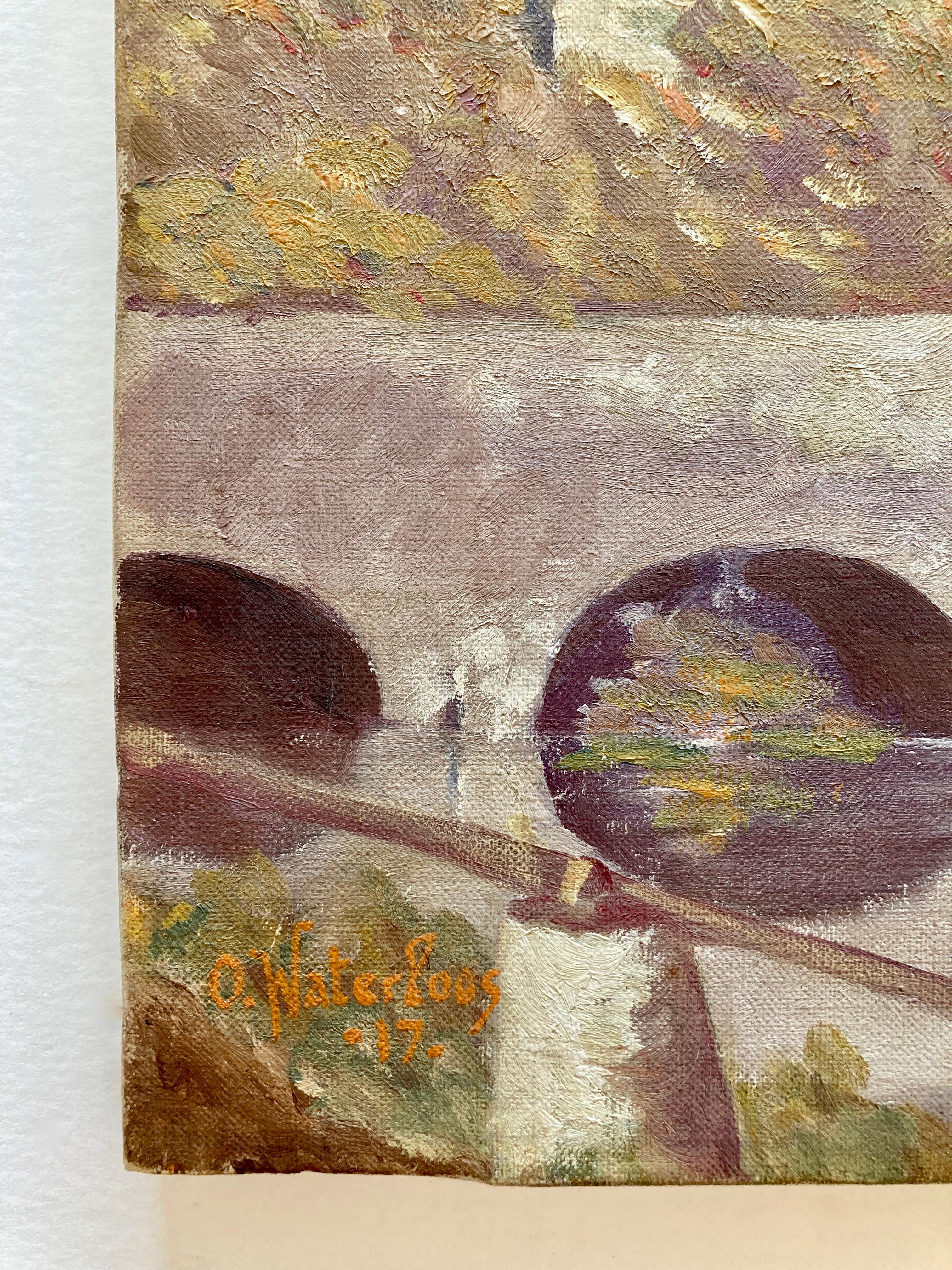 Pintura al óleo original belga del siglo XX firmada por O. Waterloos 1917 Pintado a mano en venta
