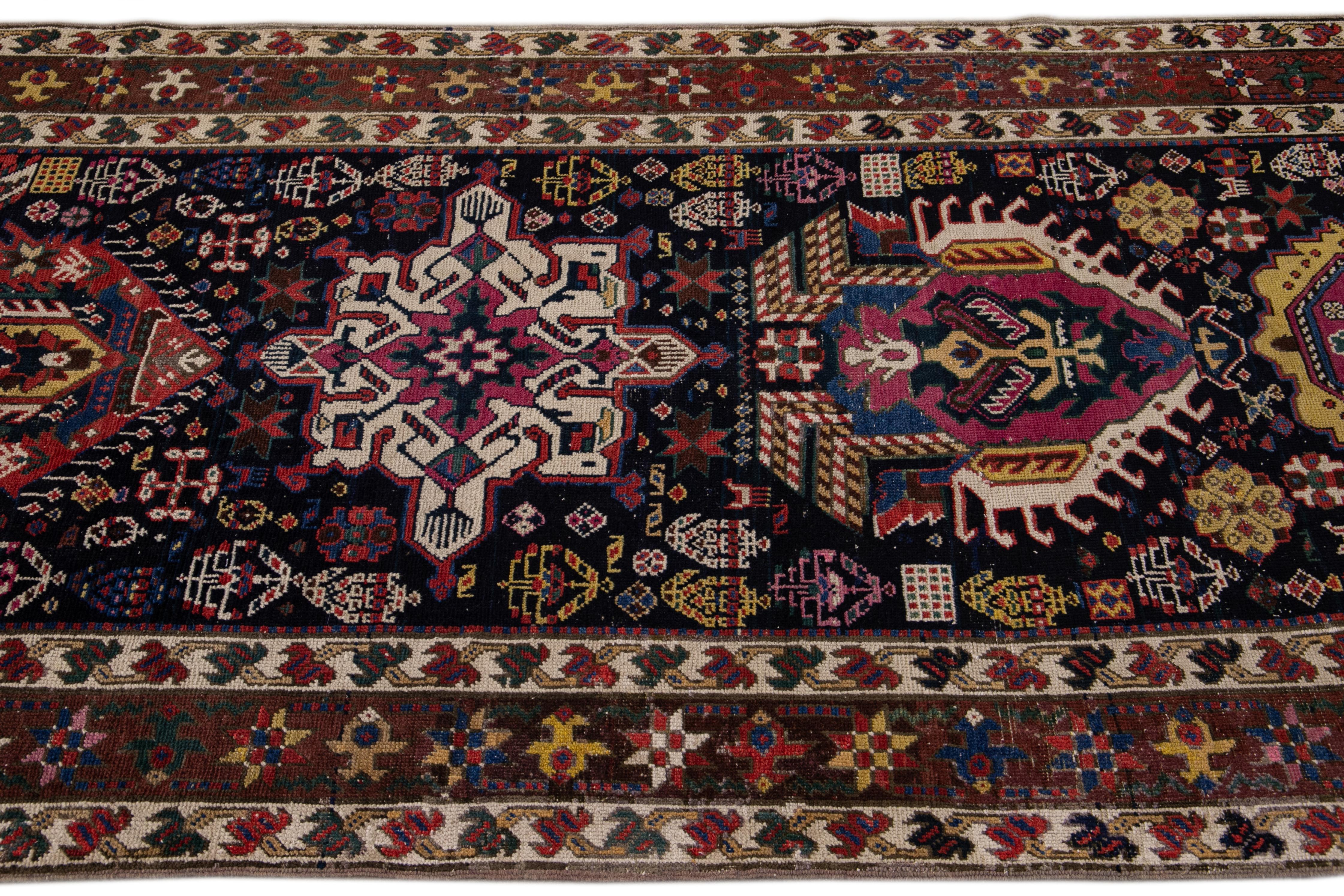 20th Century Antique Caucasian  Kazak Multicolor Designed Blue Wool Runner For Sale 1