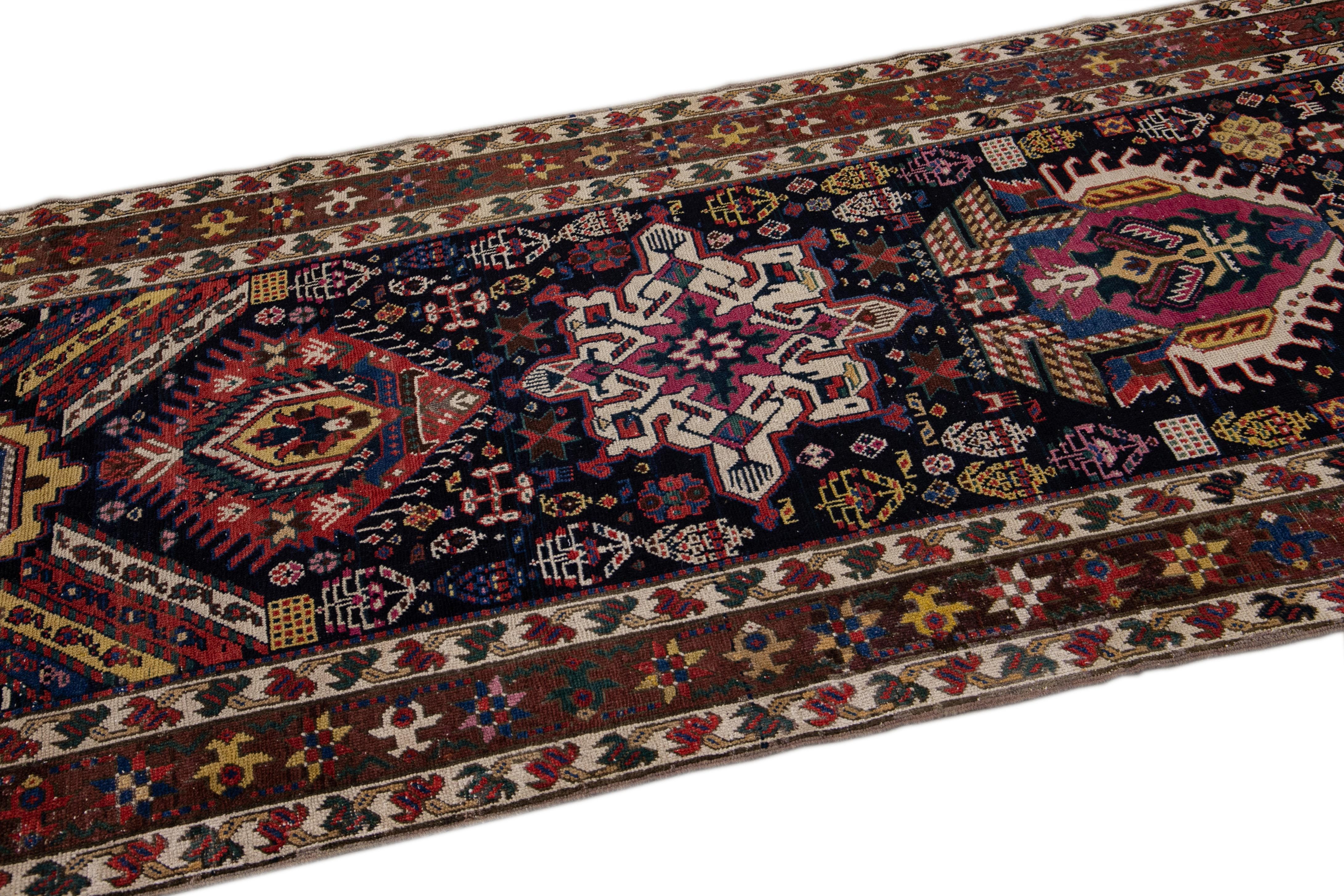 20th Century Antique Caucasian  Kazak Multicolor Designed Blue Wool Runner For Sale 3