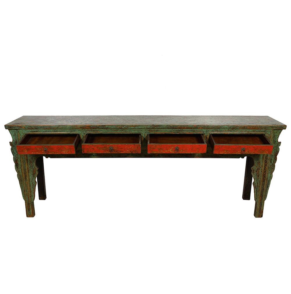 Chinese Export 20th Century Antique Chinese 4 Drawers Lacquered Long Sofa Table/Console Table For Sale