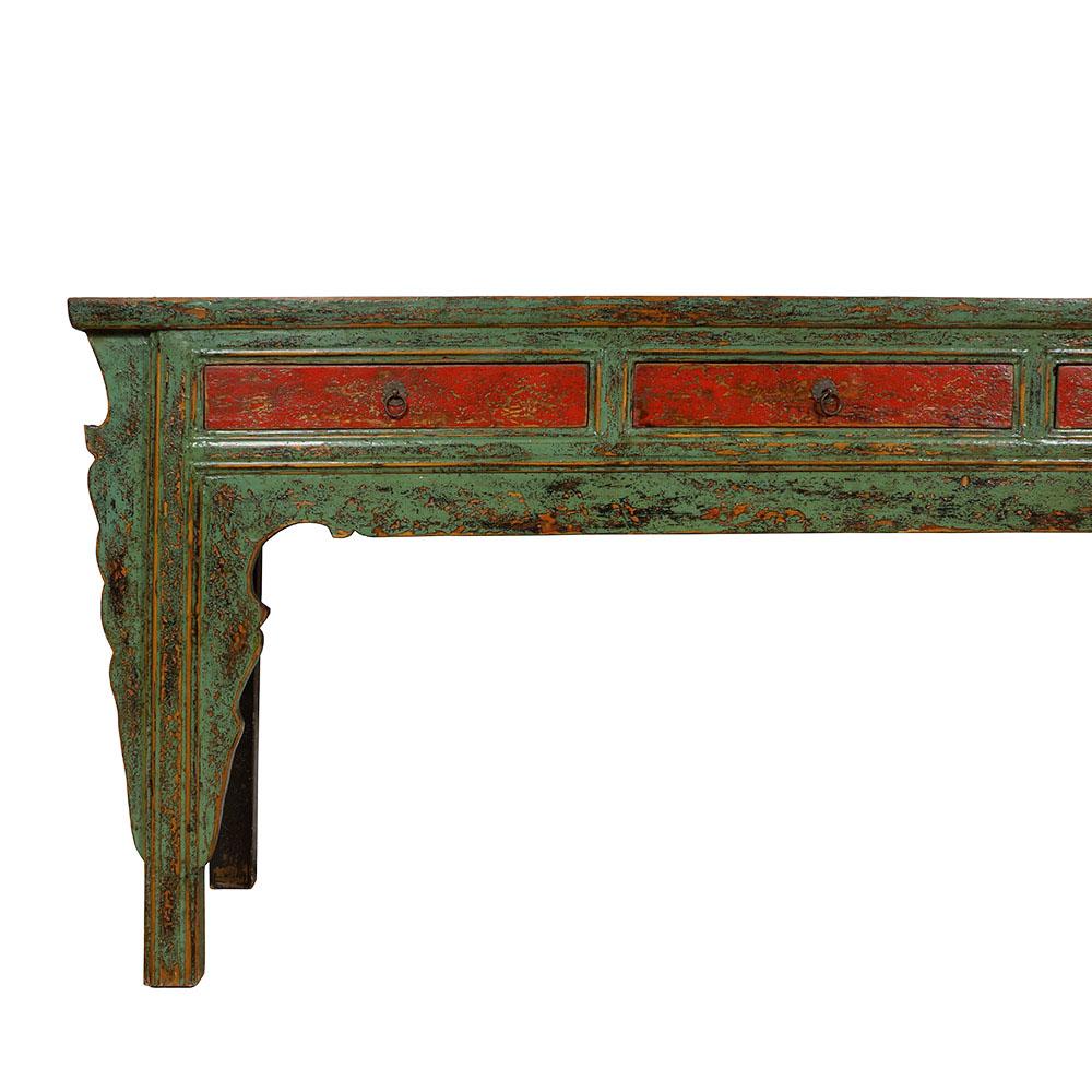 Carved 20th Century Antique Chinese 4 Drawers Lacquered Long Sofa Table/Console Table For Sale