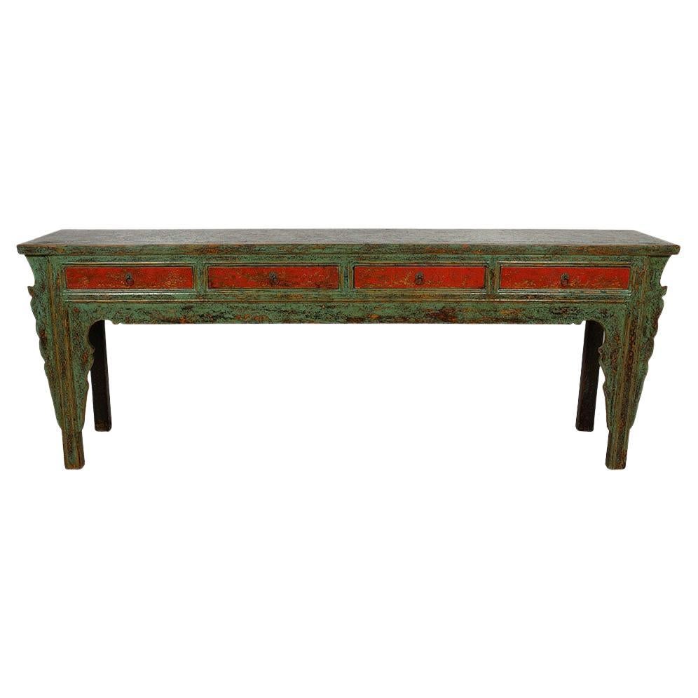 Table de canapé/table console longue laquée à 4 tiroirs, style chinois ancien du 20ème siècle