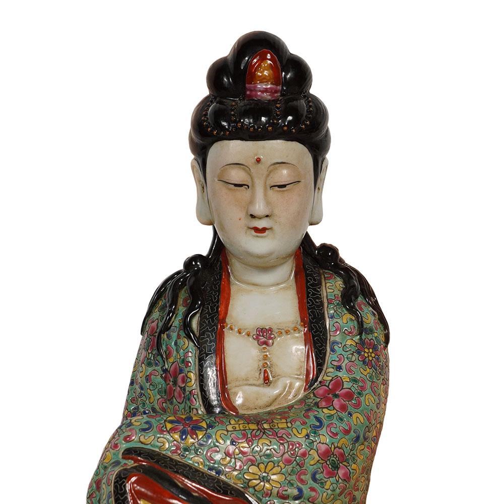 This magnificent Chinese antique Famille-Rose Porcelain Kwan Yin Statuary was 100% hand made and hand craft seating Kwan Yin Statue with marks on the bottom. It shows very detailed hand carving works on it. You can see from the pictures that they