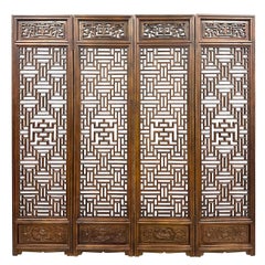 20th Century Antique Chinese Hand Carved 4 Panels Wooden Screen/Room Divider