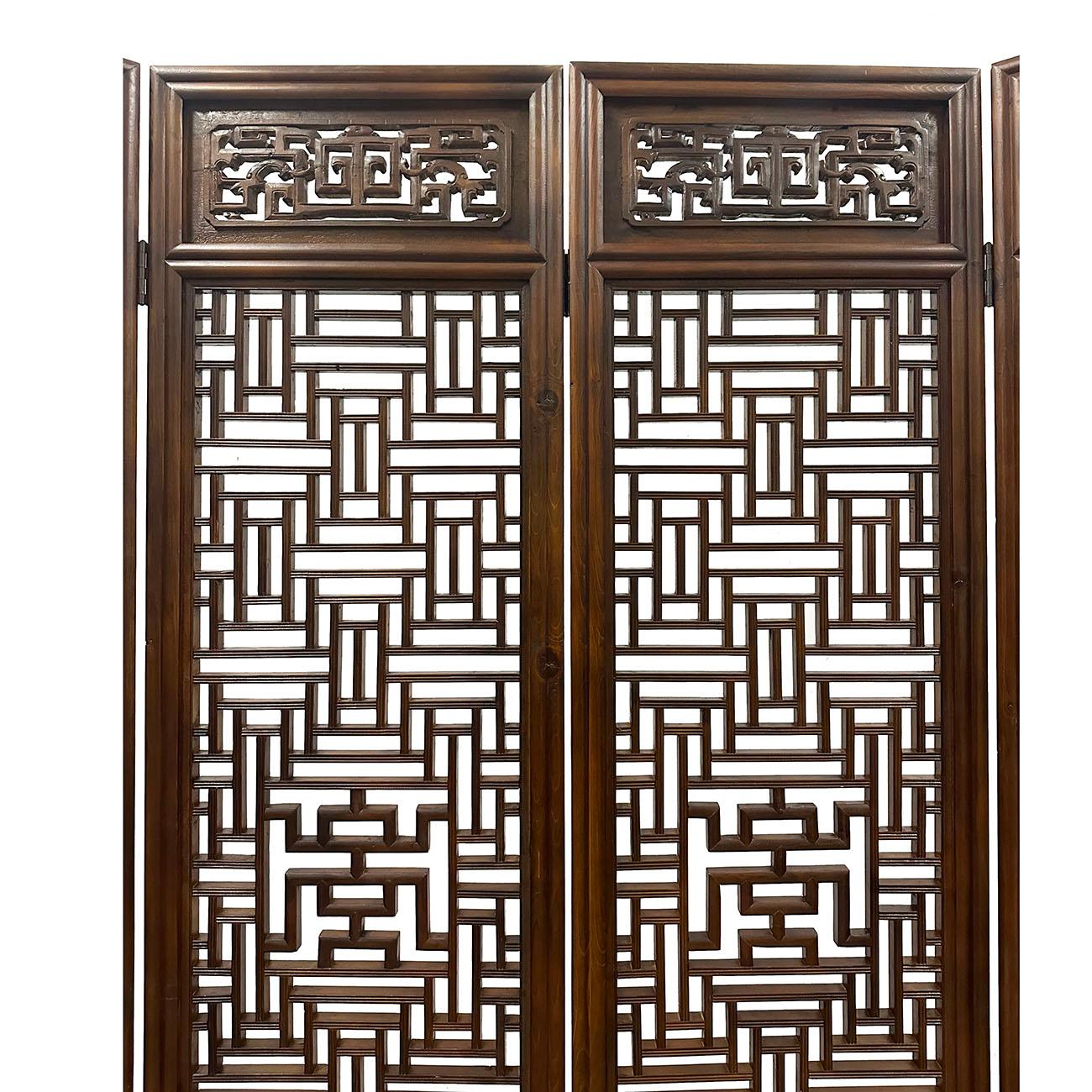 20th Century Antique Chinese Hand Carved 4 Panels Wooden Screen/Room Divider For Sale 1