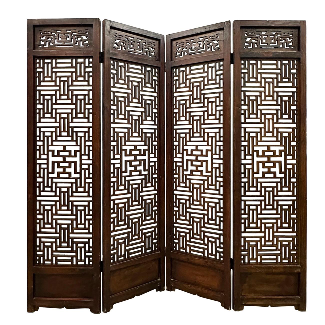 20th Century Antique Chinese Hand Carved 4 Panels Wooden Screen/Room Divider For Sale 5