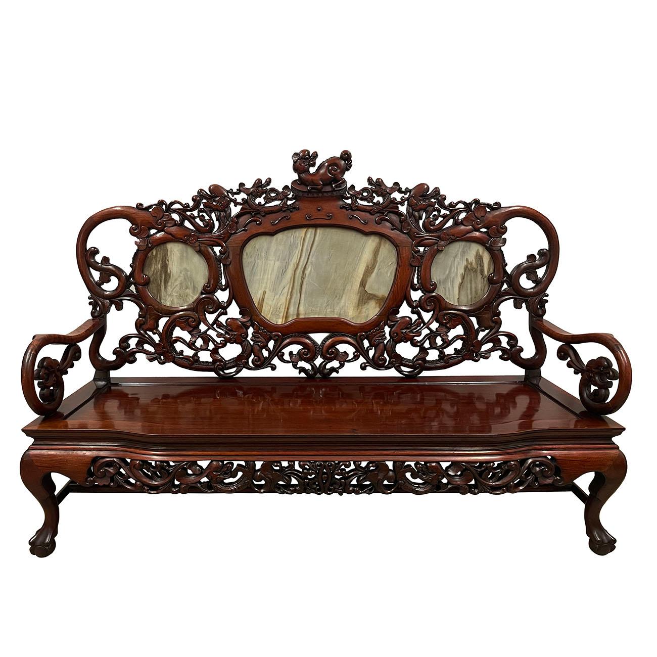 Size: 46.5in H x 70in W x 26in D?
Seat: 16in H x 65in W x 21in D
Origin: China
Circa: 1900 - 1910
Material: Rosewood with Marble inlay
Condition: Solid wood construction, hand carved, very heavy, sturdy, normal age wear.

Description: Look at