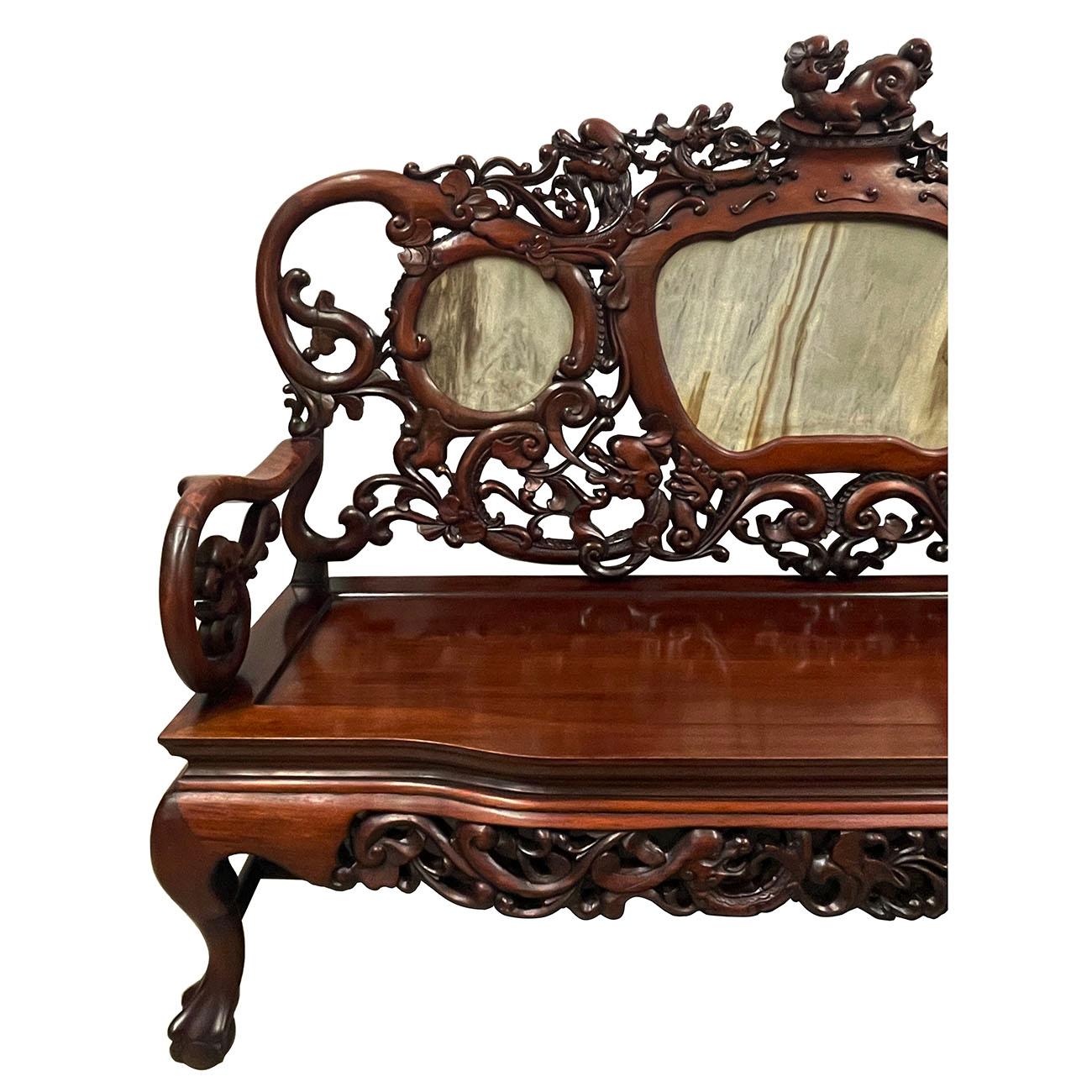 Chinese Export 20th Century Antique Chinese Massive Carved Rosewood Sofa/Bench with Marble Back