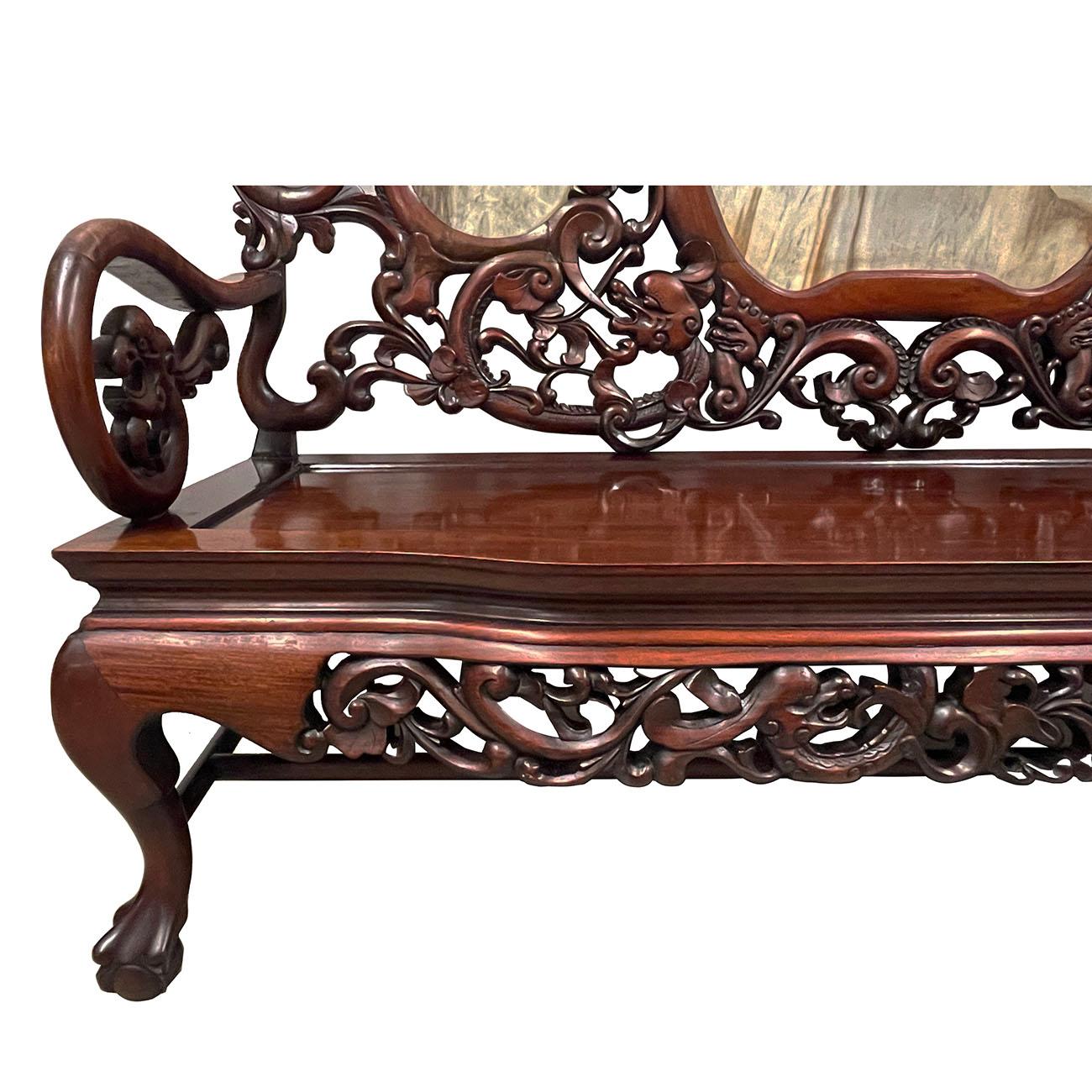 Early 20th Century 20th Century Antique Chinese Massive Carved Rosewood Sofa/Bench with Marble Back