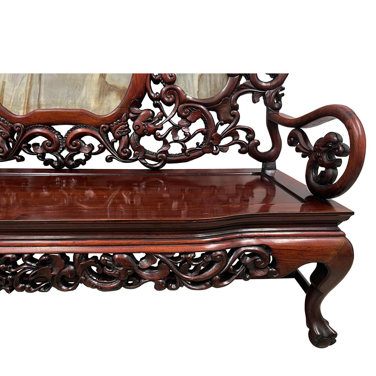 20th Century Antique Chinese Massive Carved Rosewood Sofa/Bench with Marble Back 3