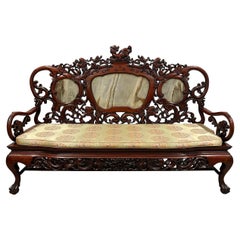 20th Century Antique Chinese Massive Carved Rosewood Sofa/Bench with Marble Back