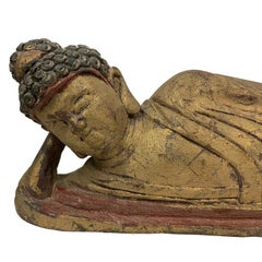 20th Century Antique Chinese Wooden Carved Reclined Buddha Statue