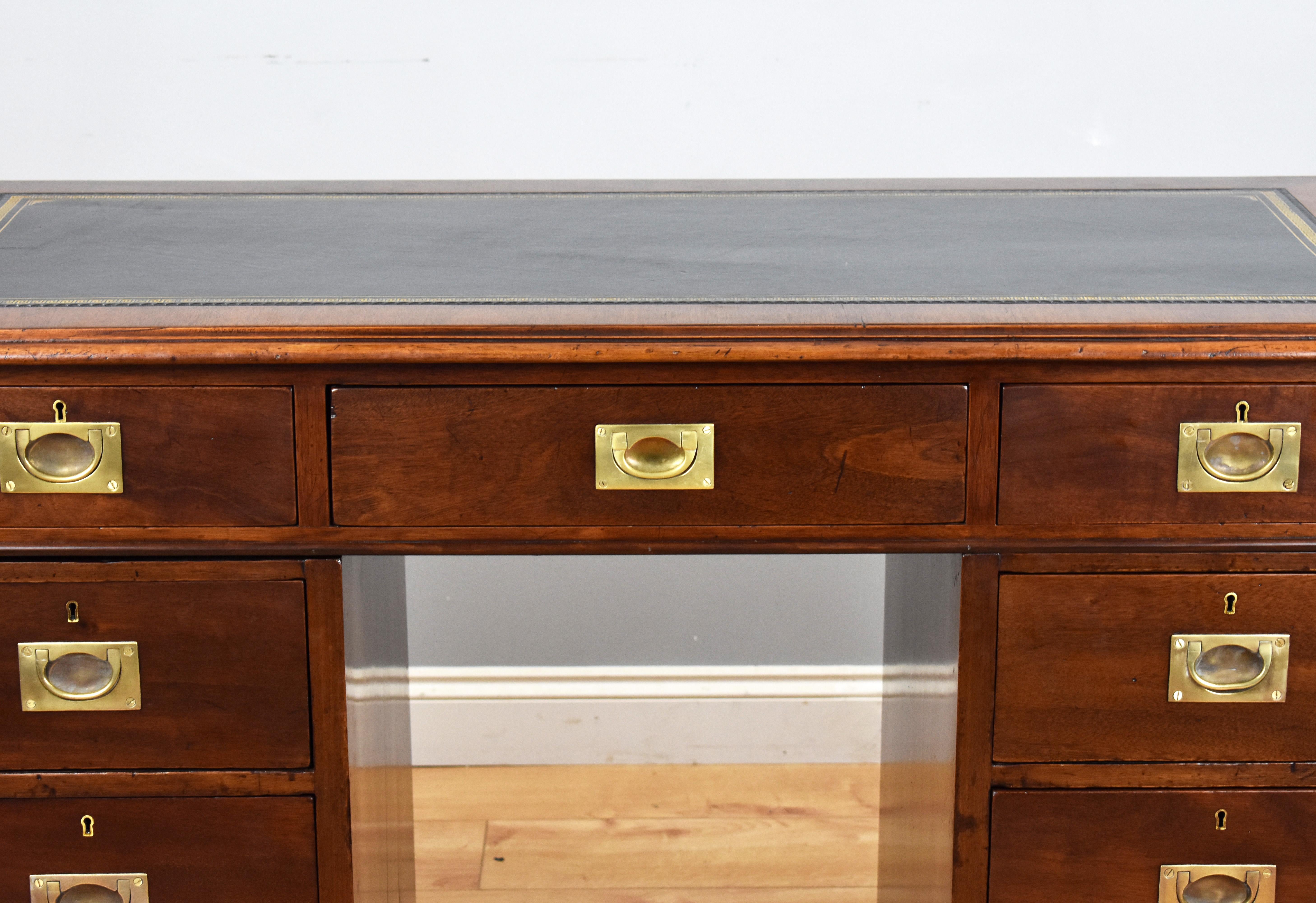 20th Century Antique English Campaign Style Pedestal Desk In Good Condition In Chelmsford, Essex