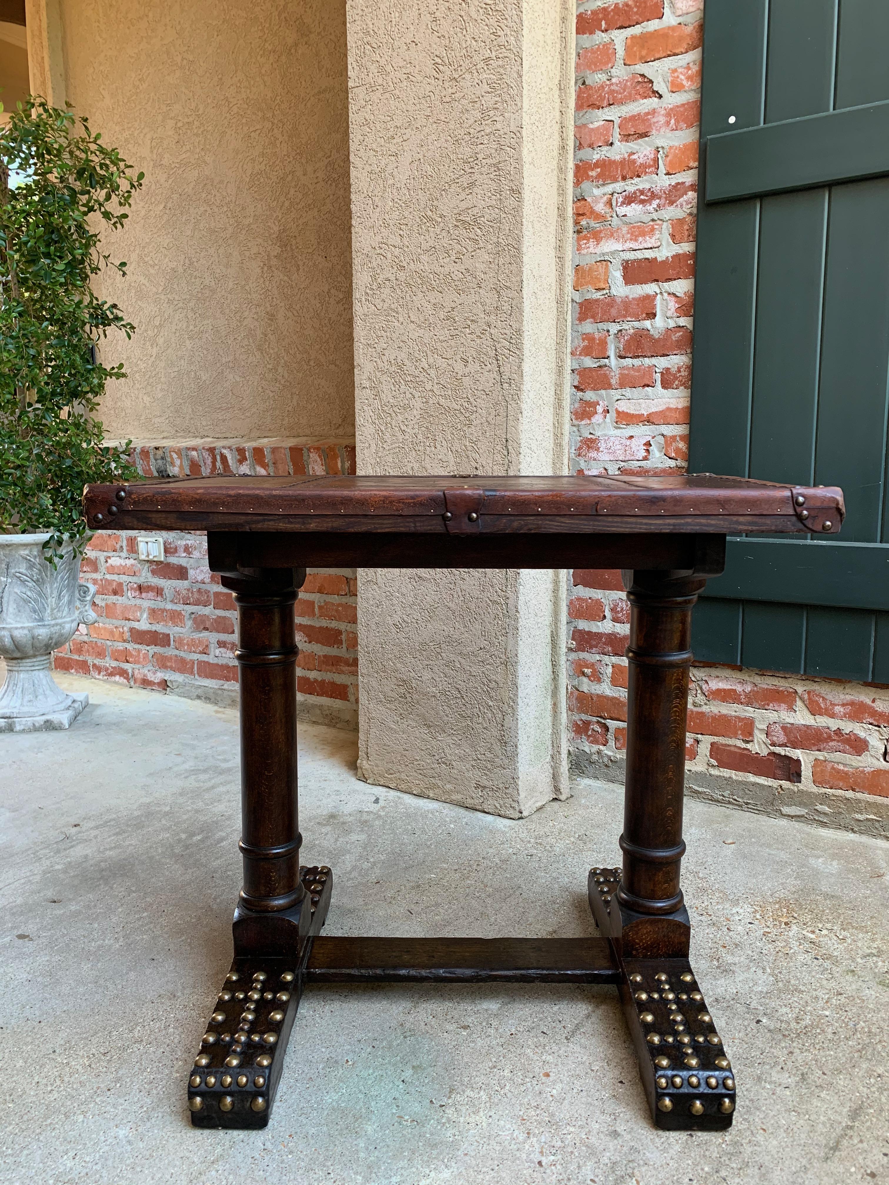 20th Century Antique English Oak Leather Table Desk Brass Trim Trestle Base 6