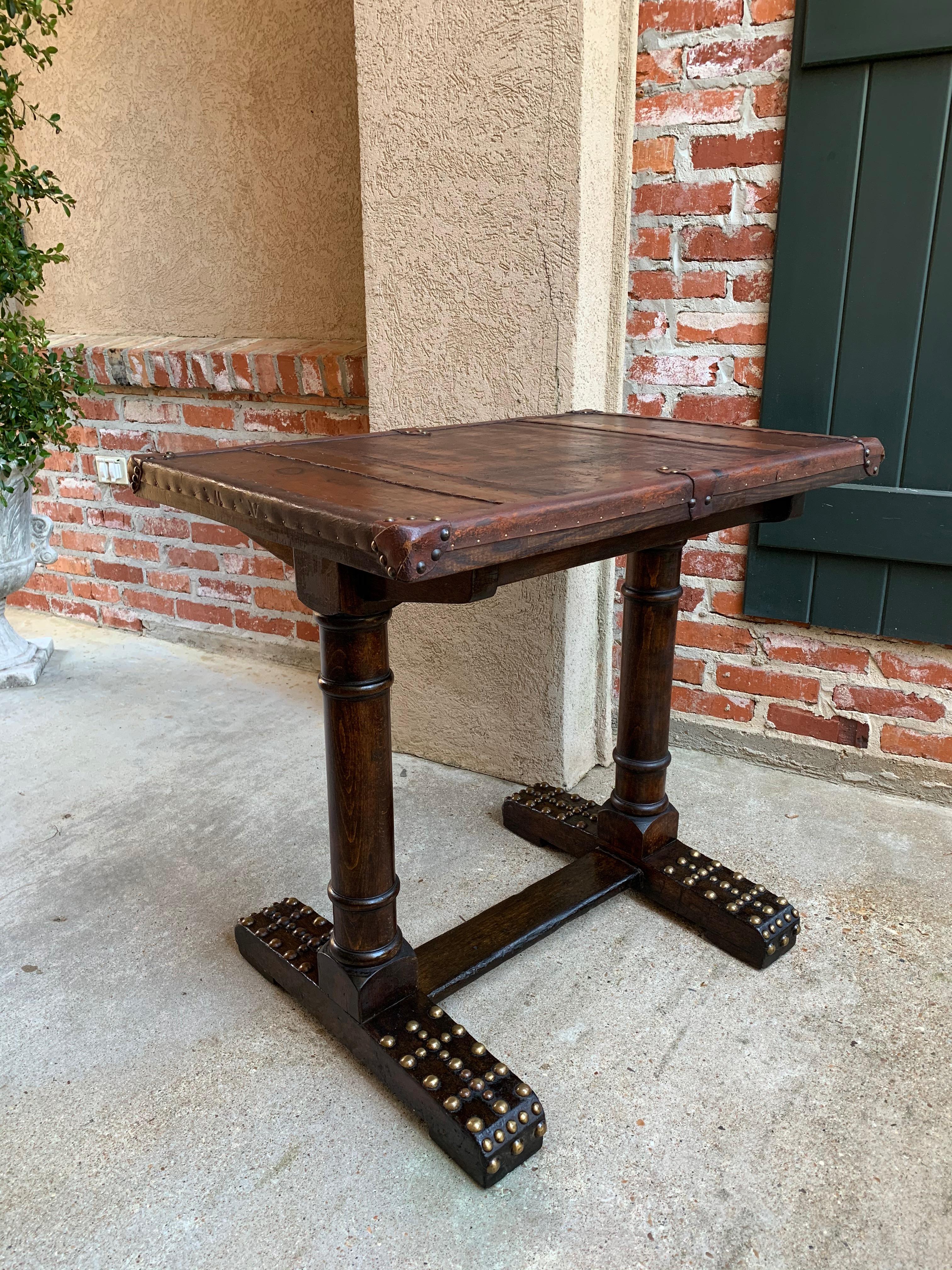 20th Century Antique English Oak Leather Table Sofa Side Brass Trim Trestle Base 8