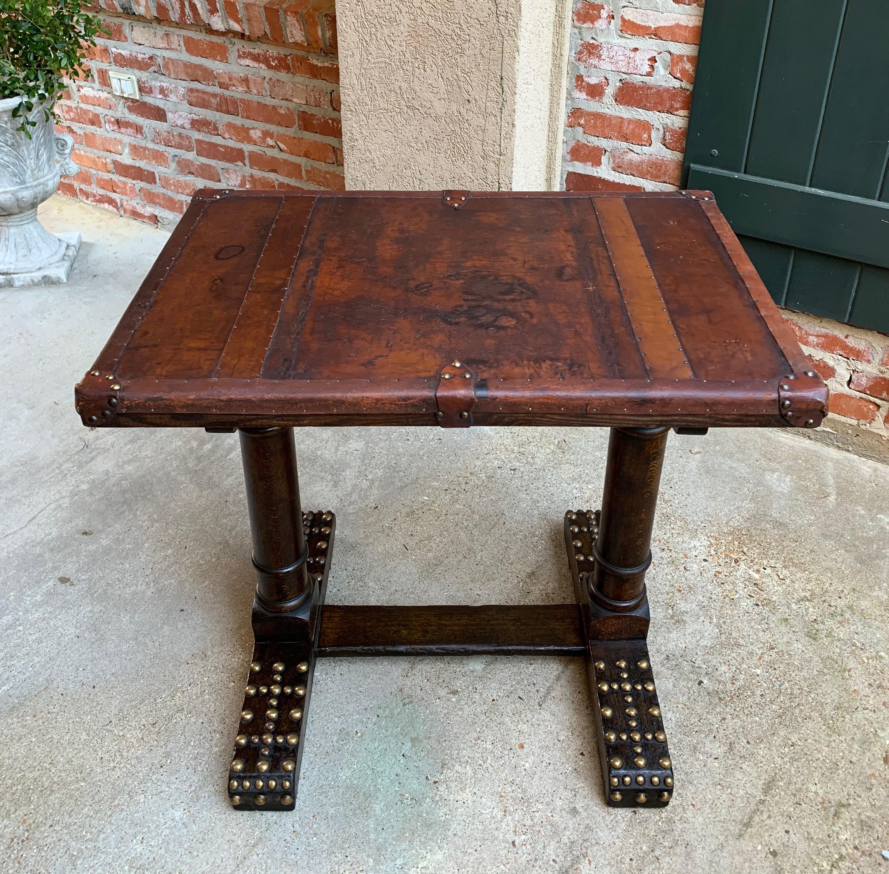 20th Century Antique English Oak Leather Table Desk Brass Trim Trestle Base 9