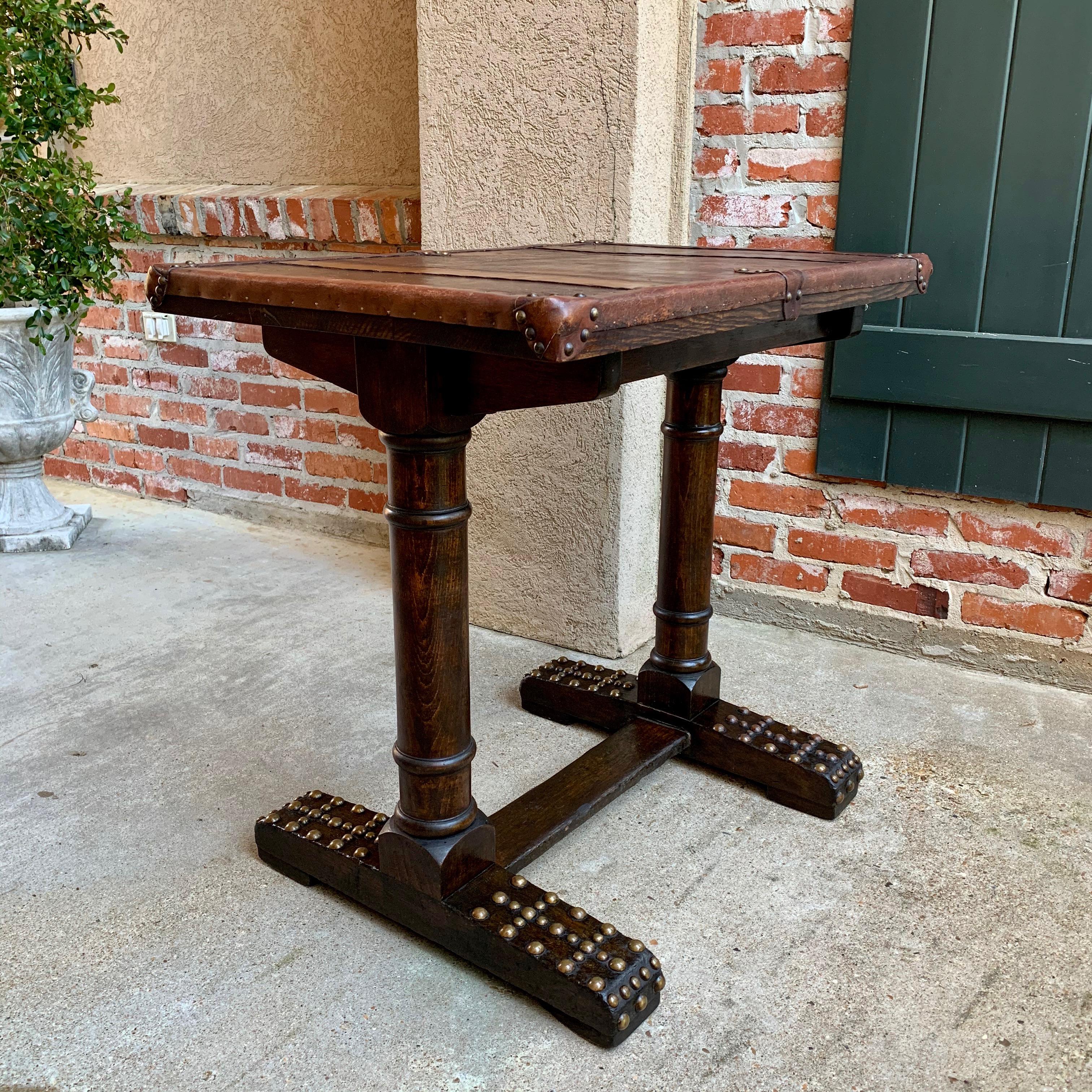 20th Century Antique English Oak Leather Table Sofa Side Brass Trim Trestle Base 10