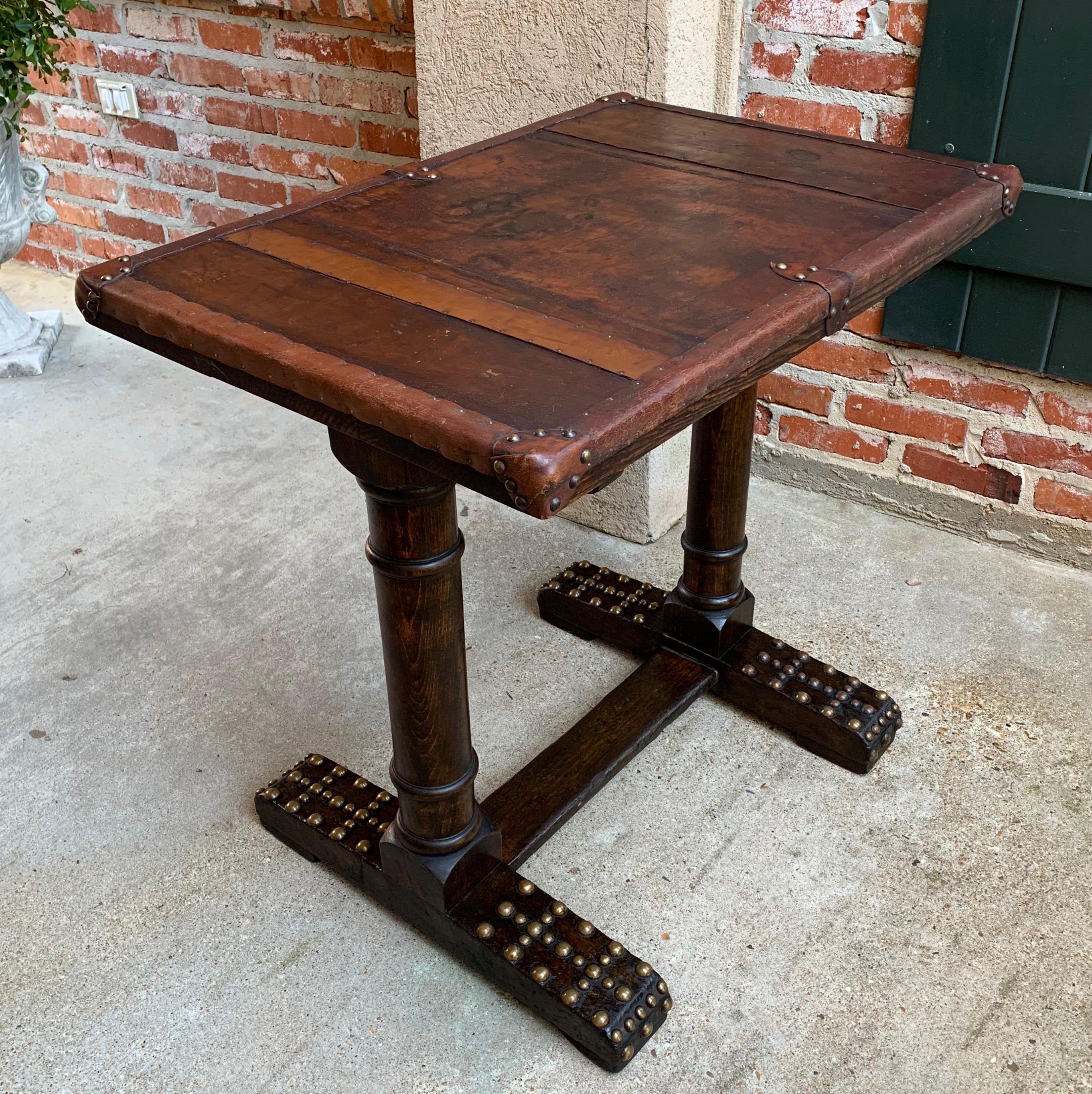 20th Century Antique English Oak Leather Table Desk Brass Trim Trestle Base 11