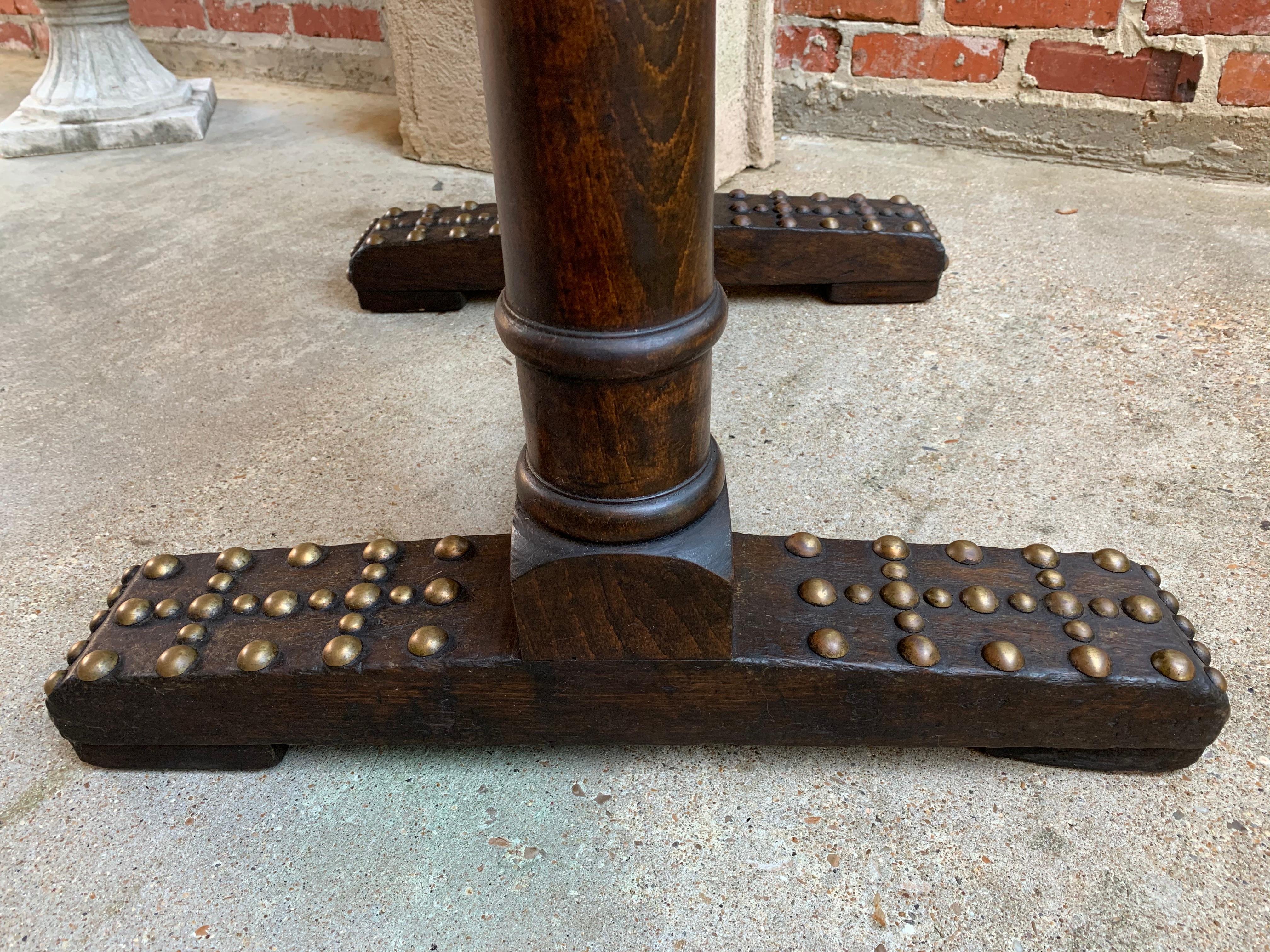 20th Century Antique English Oak Leather Table Desk Brass Trim Trestle Base 12
