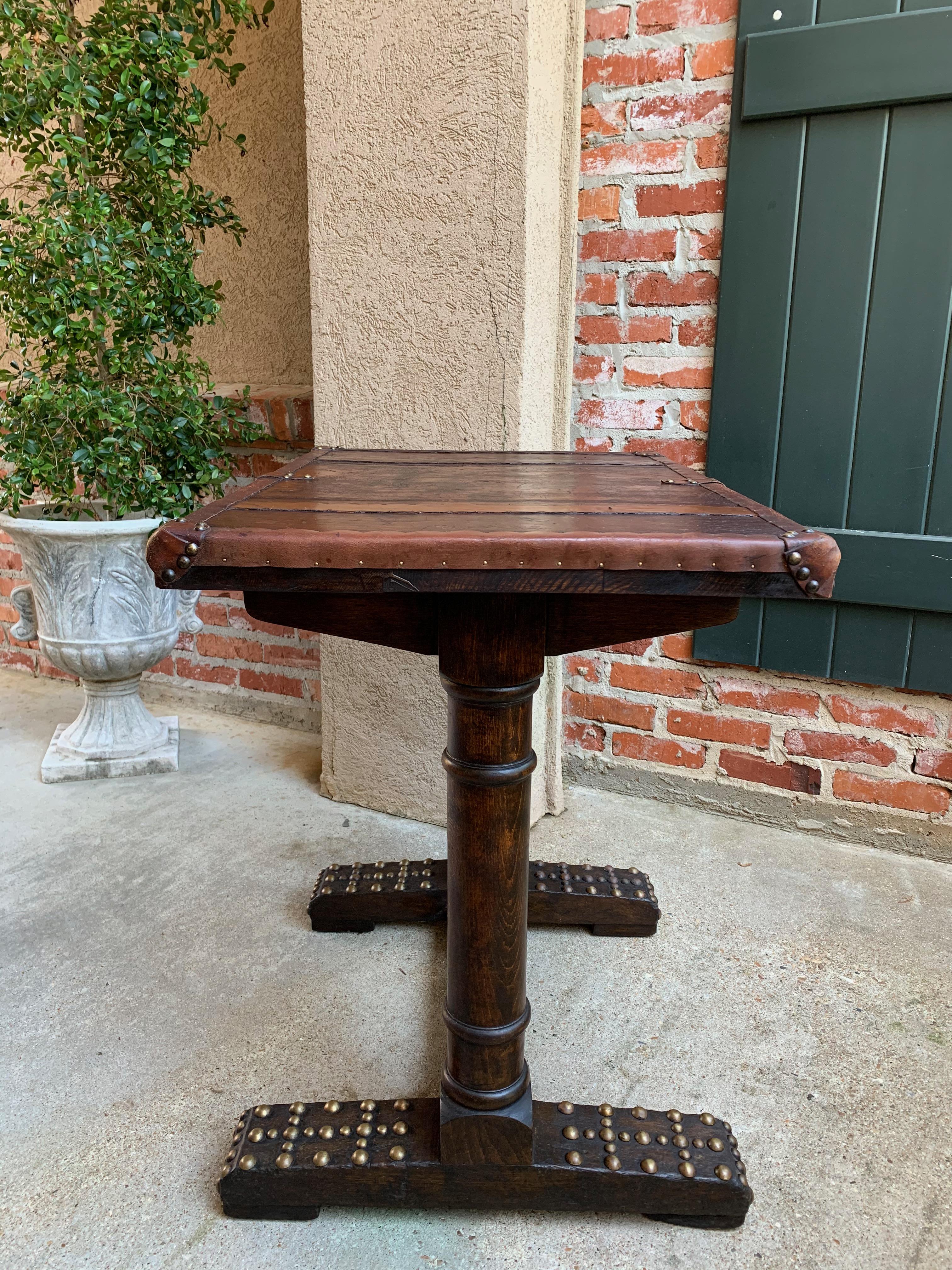 Jacobean 20th Century Antique English Oak Leather Table Sofa Side Brass Trim Trestle Base