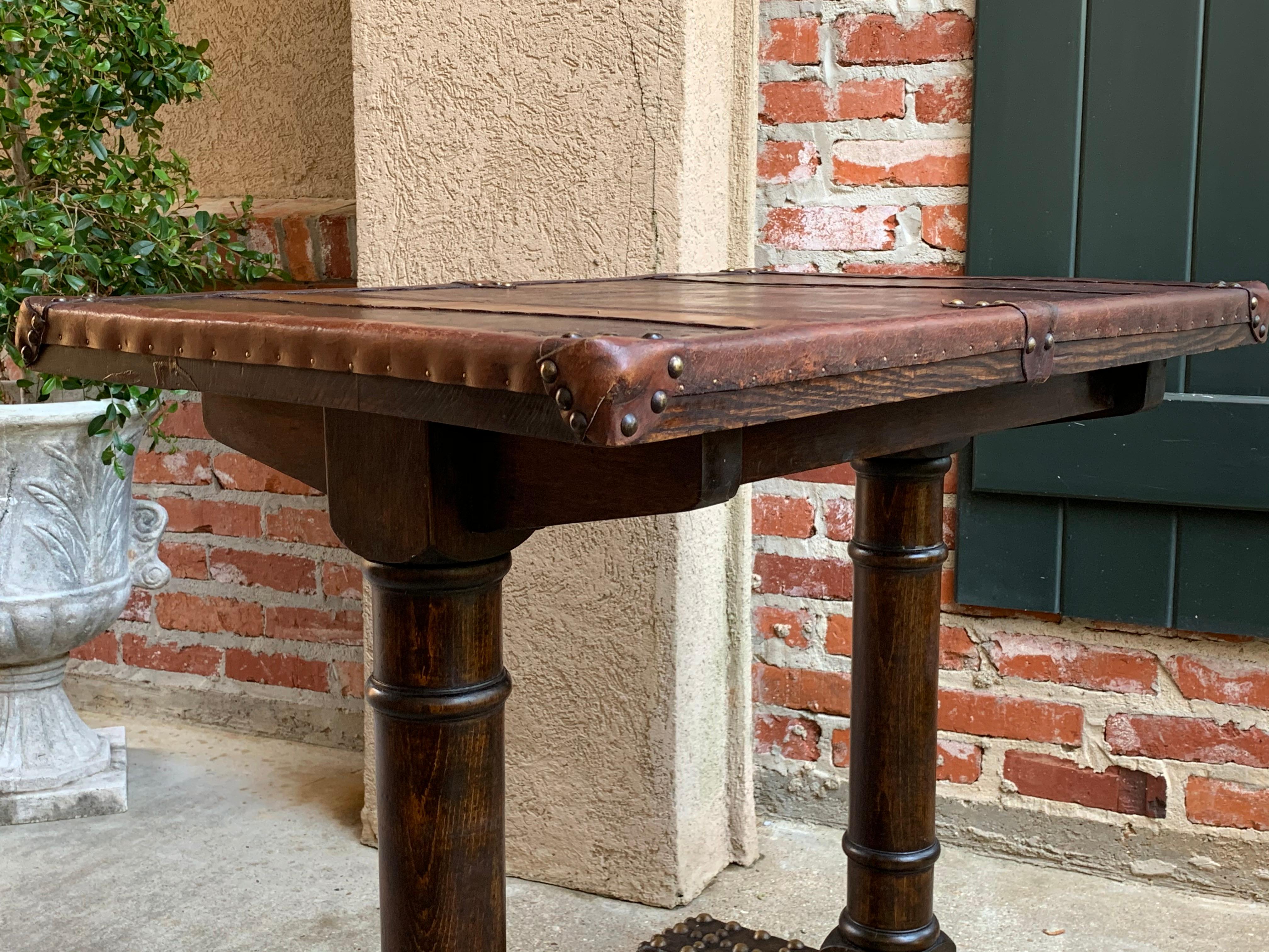 20th Century Antique English Oak Leather Table Desk Brass Trim Trestle Base In Good Condition In Shreveport, LA