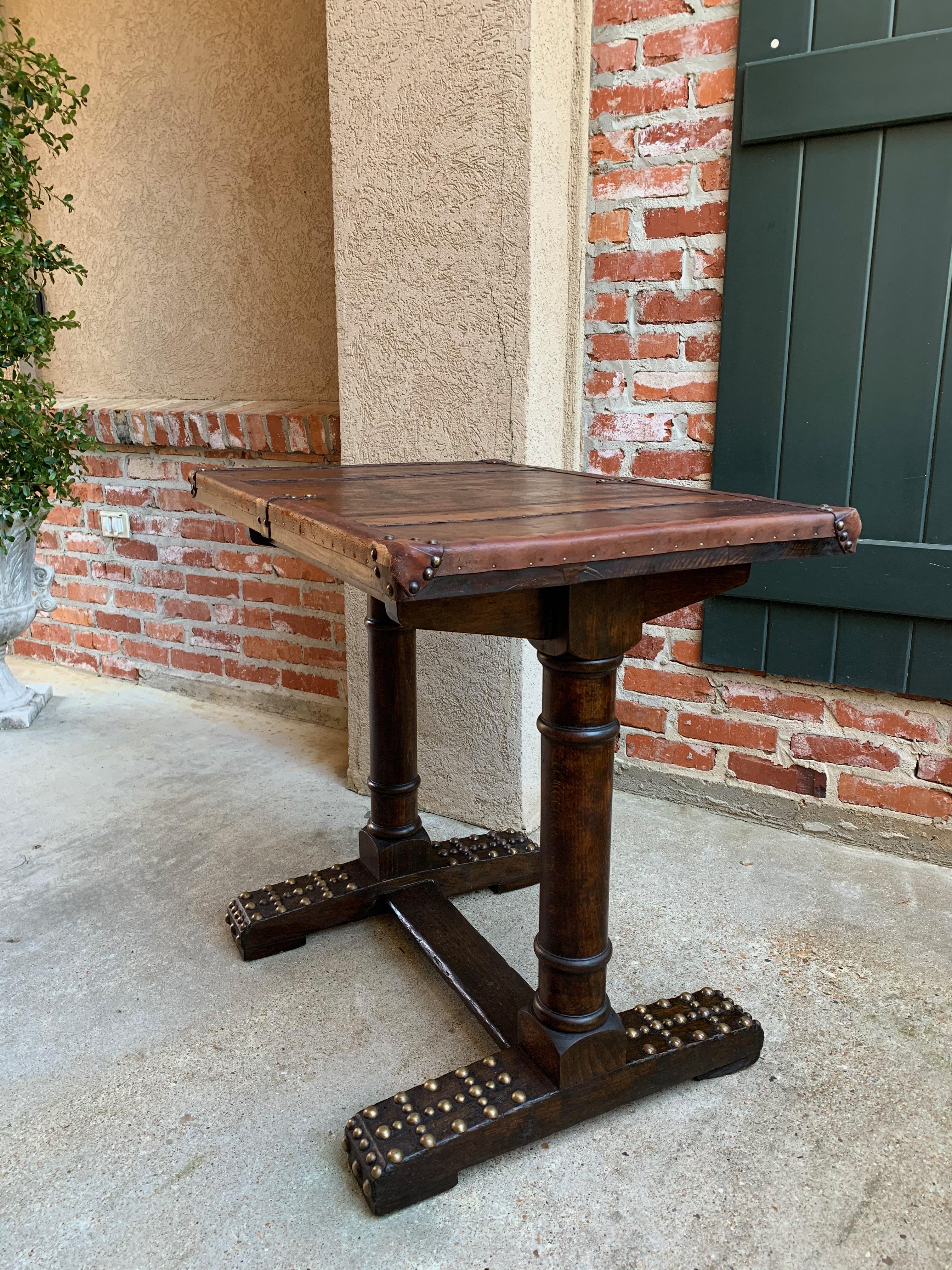 20th Century Antique English Oak Leather Table Desk Brass Trim Trestle Base 2