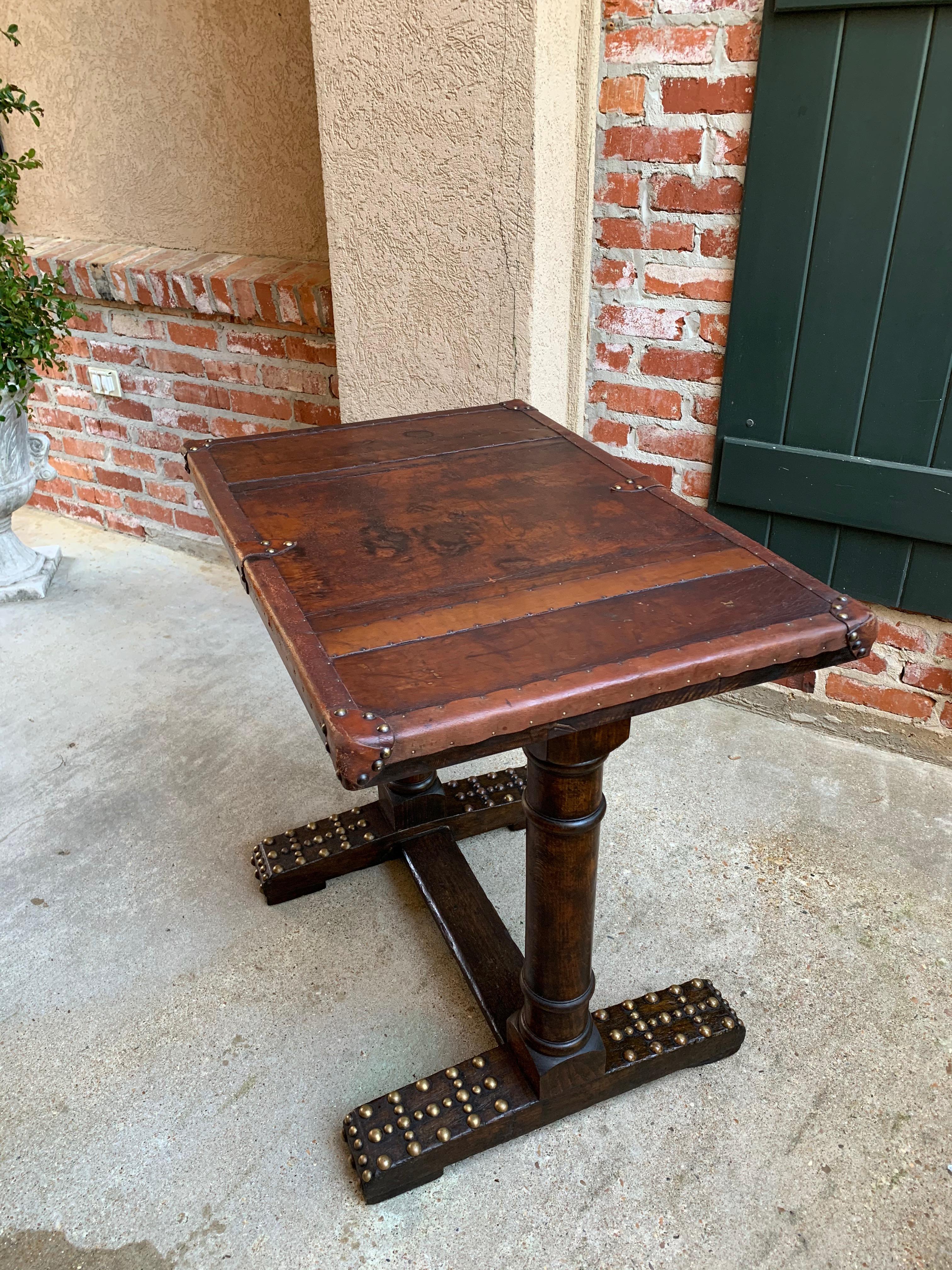 20th Century Antique English Oak Leather Table Desk Brass Trim Trestle Base 3