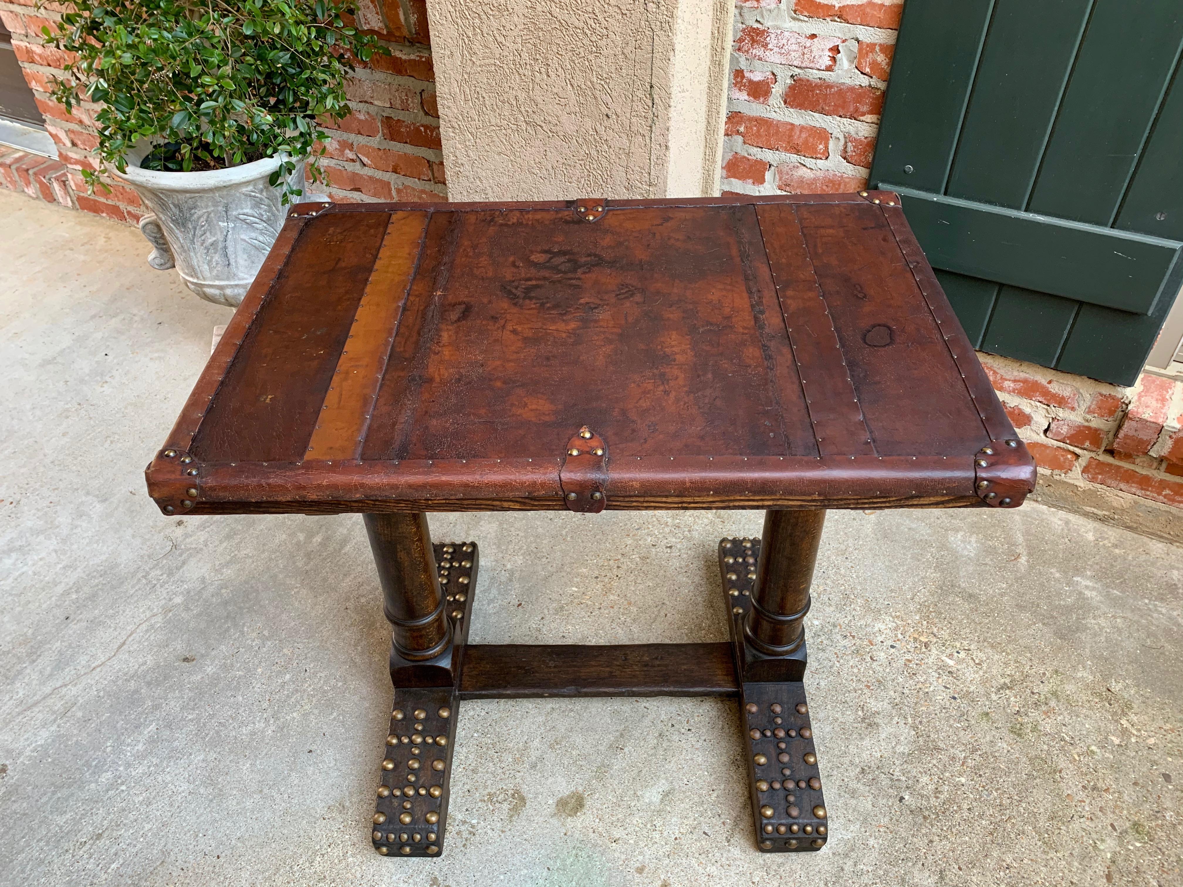 20th Century Antique English Oak Leather Table Desk Brass Trim Trestle Base 4