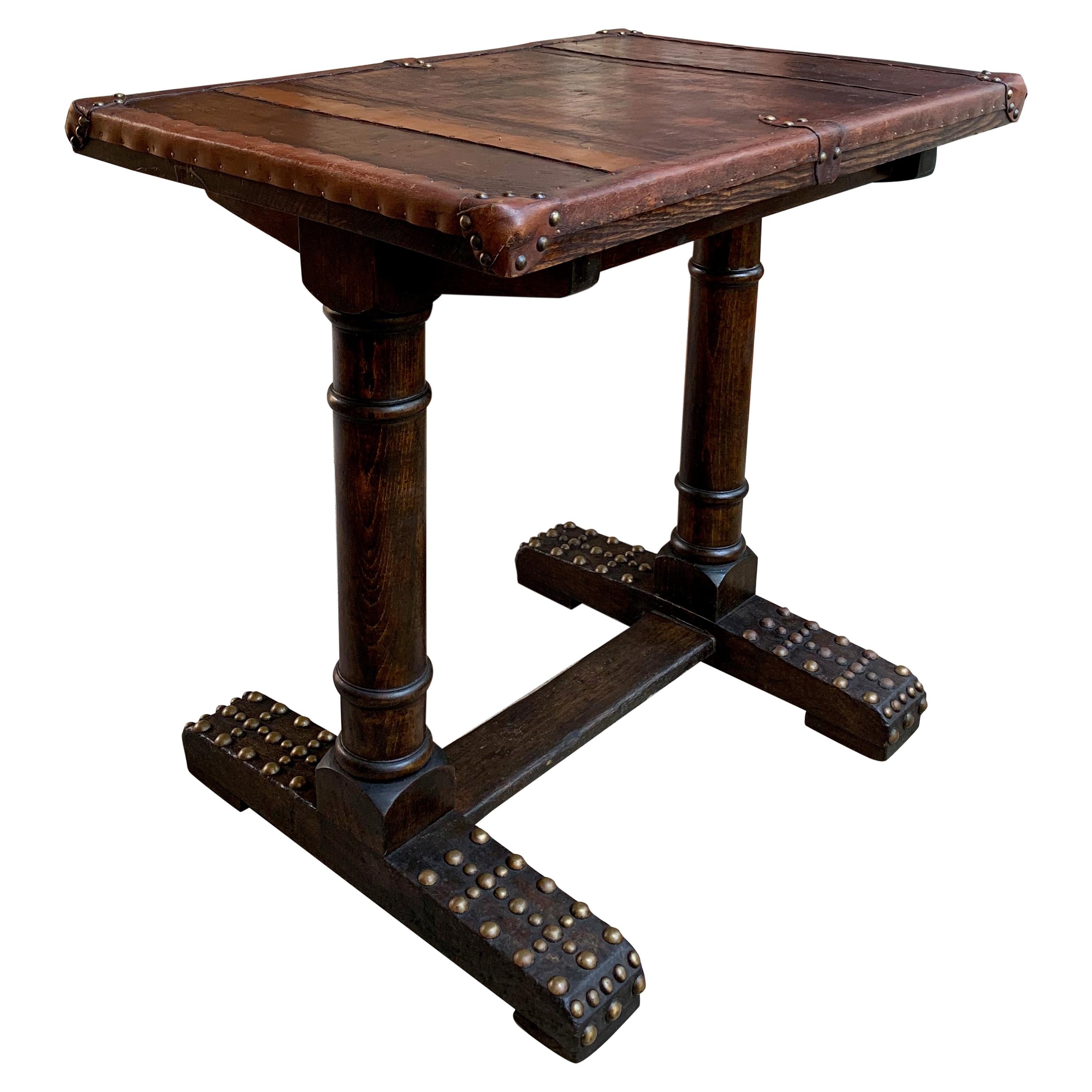 20th Century Antique English Oak Leather Table Desk Brass Trim Trestle Base