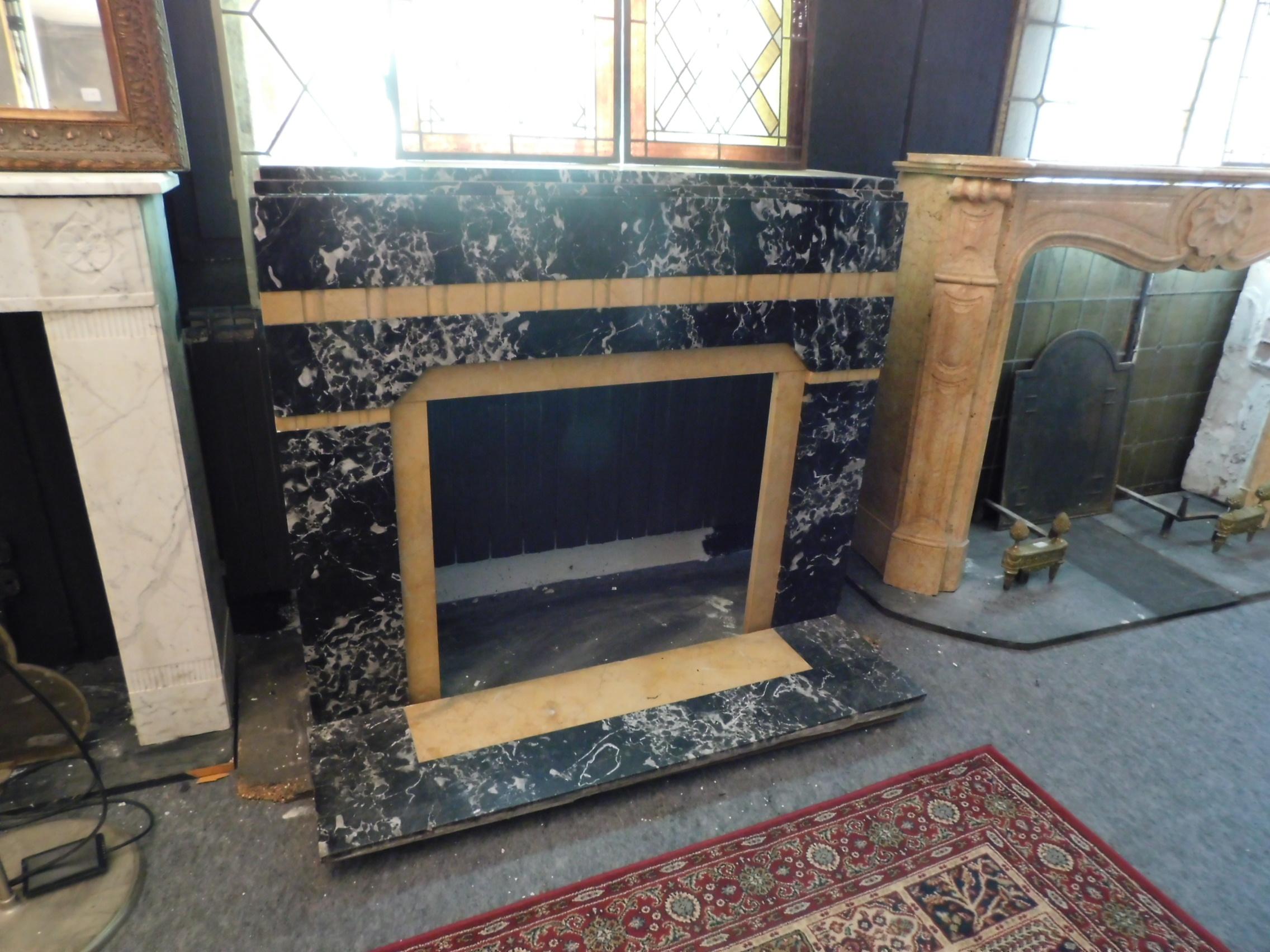 Italian 20th Century Antique Fireplace in Black Portoro Marble and Siena Yellow Art Deco