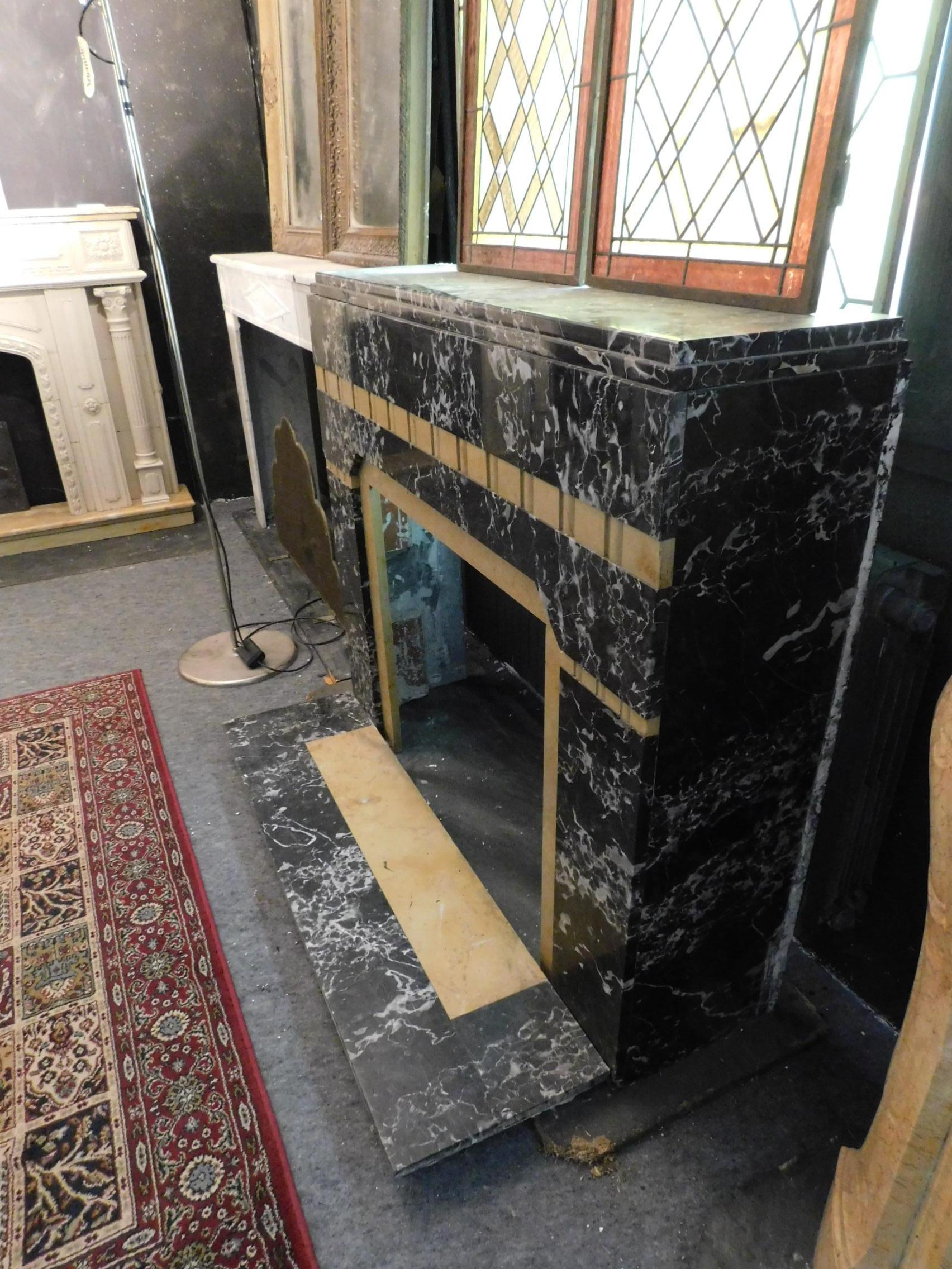 20th Century Antique Fireplace in Black Portoro Marble and Siena Yellow Art Deco 1