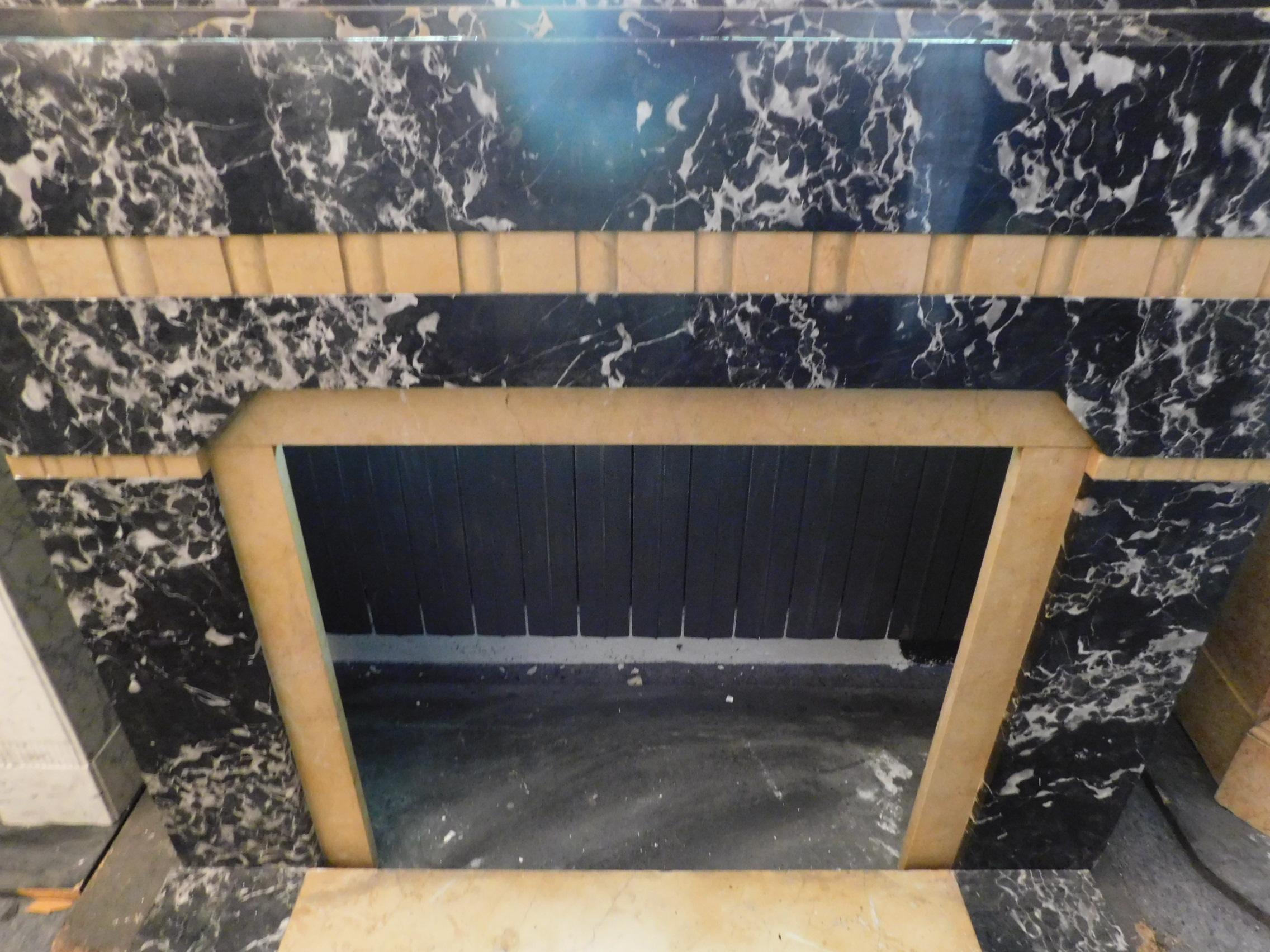 20th Century Antique Fireplace in Black Portoro Marble and Siena Yellow Art Deco 2