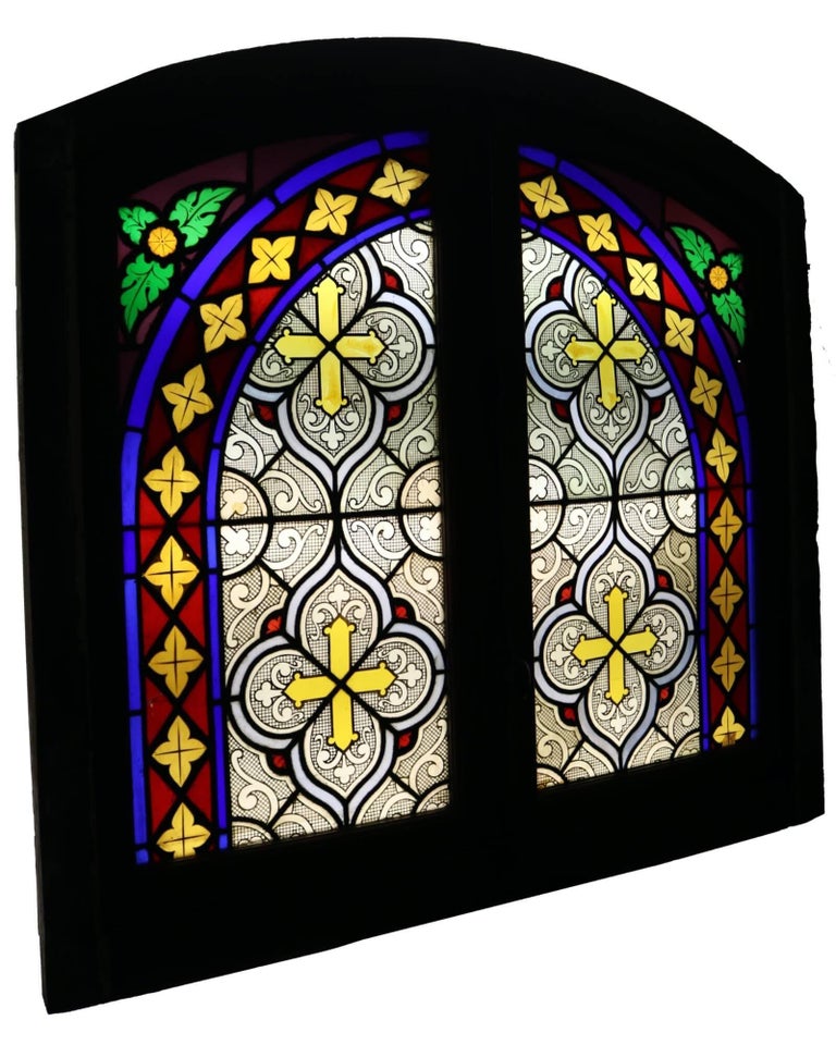 20th Century Antique French Window with Stained Leaded Glass For Sale