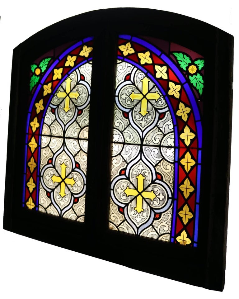 20th Century Antique French Window with Stained Leaded Glass For Sale