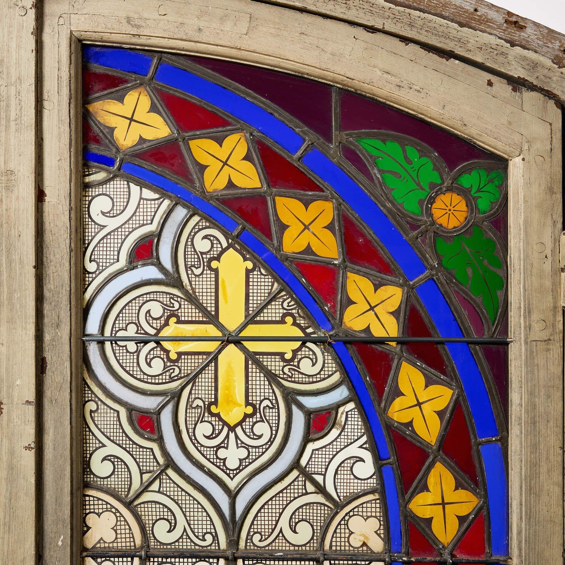 Verre teinté Fenêtre française ancienne du 20e siècle avec vitrail au plomb en vente