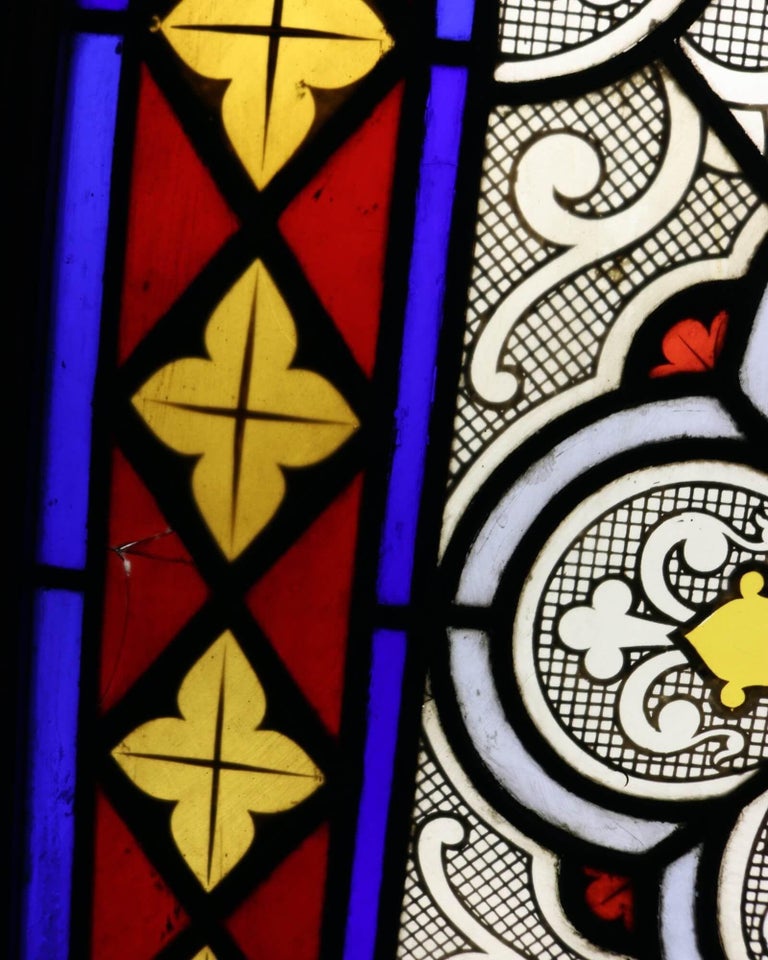 20th Century Antique French Window with Stained Leaded Glass For Sale