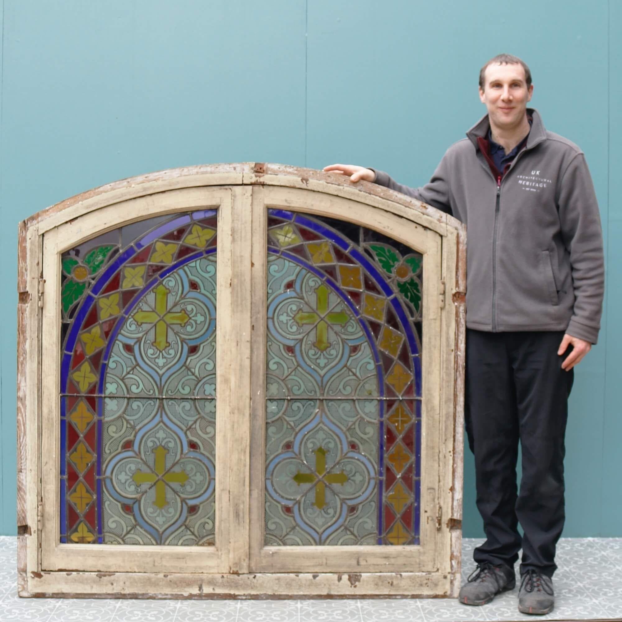 20th Century Antique French Window with Stained Leaded Glass For Sale 5