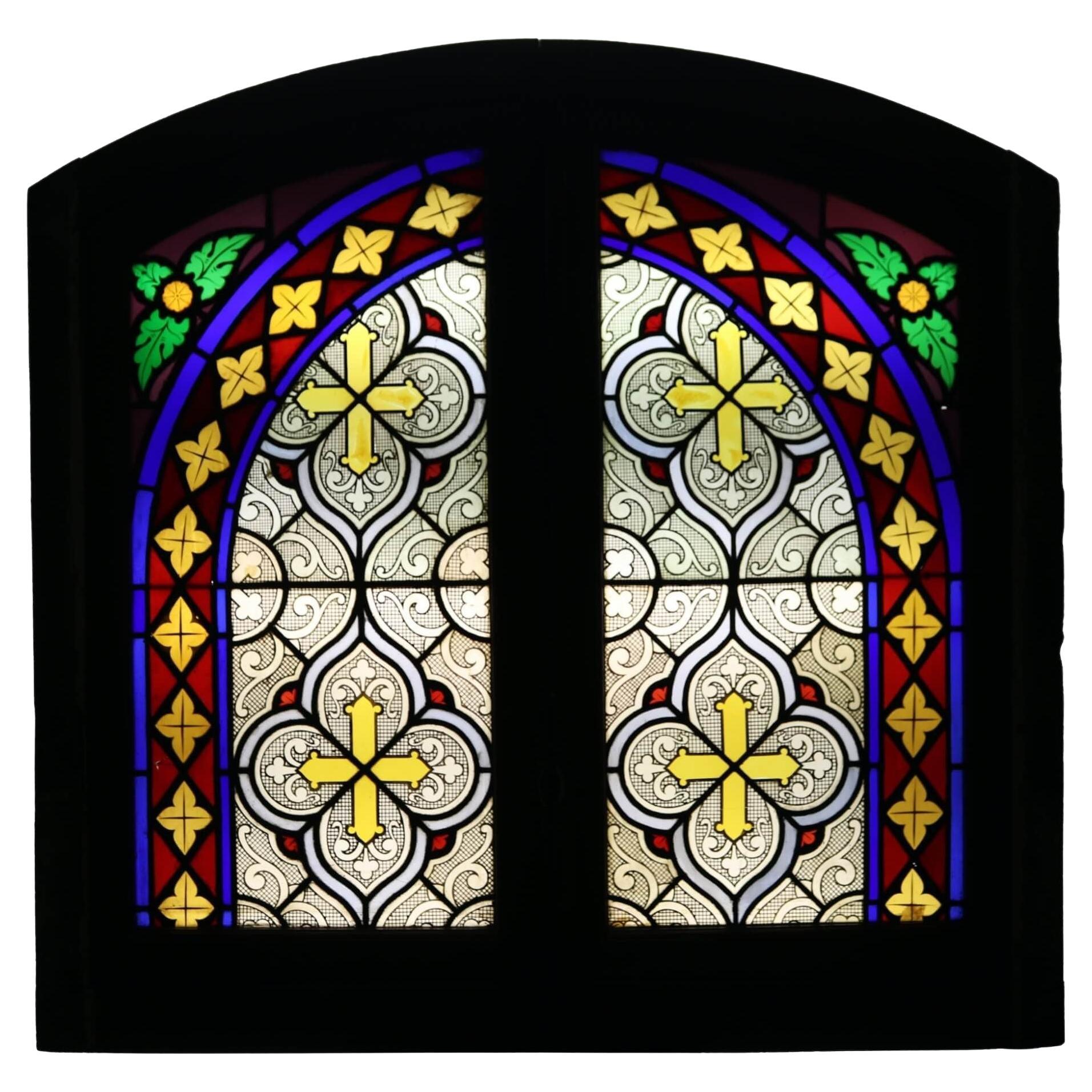 20th Century Antique French Window with Stained Leaded Glass For Sale