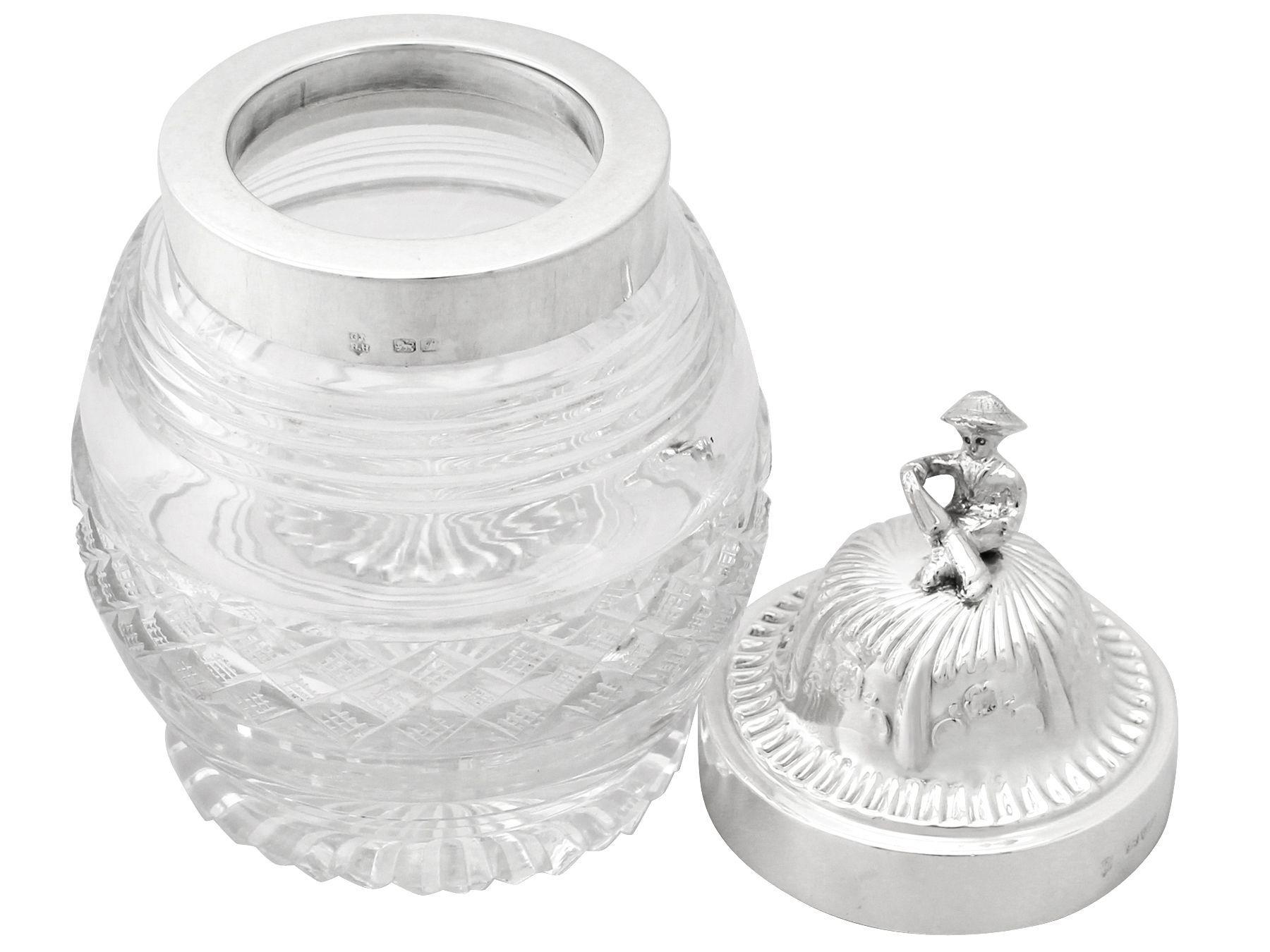English 20th Century Antique George V 1915 Sterling Silver and Cut Glass Tea Caddy For Sale